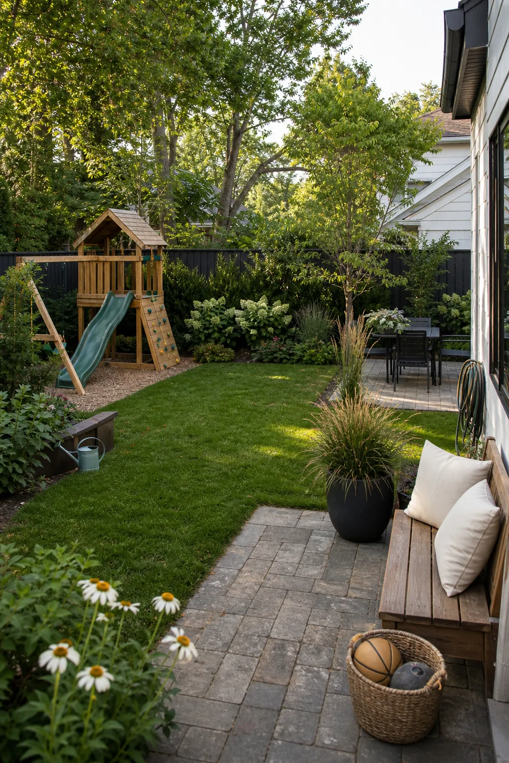 Calm family backyard with clear kids play zones, open lawn, patio seating, and garden planting