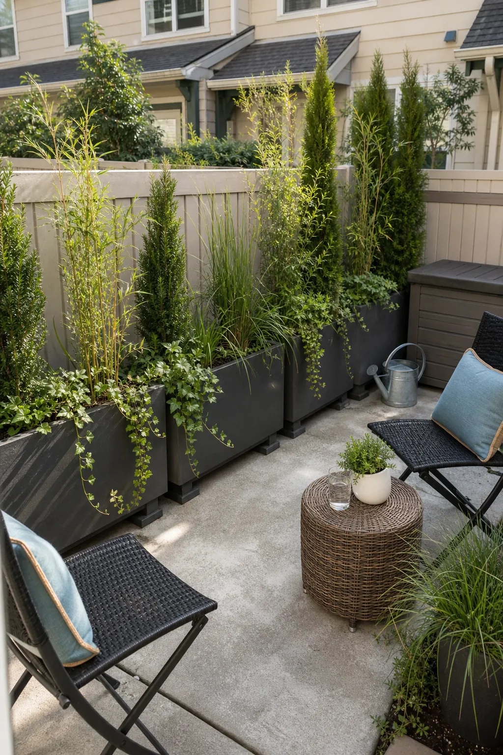 Small patio with deep containers holding upright privacy plants and clean outdoor seating