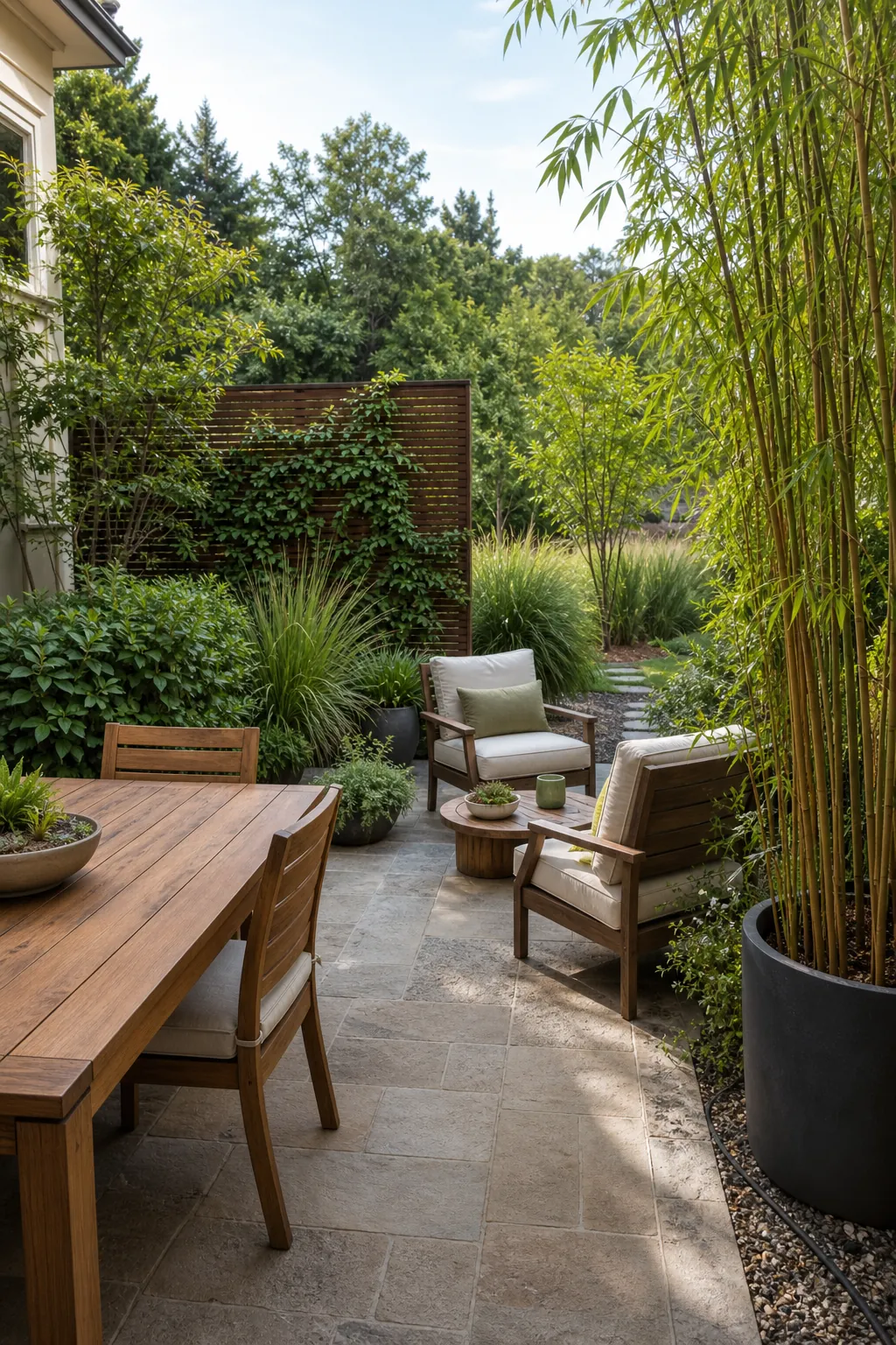 Private plant-filled patio with layered greenery, outdoor seating, and a soft privacy screen