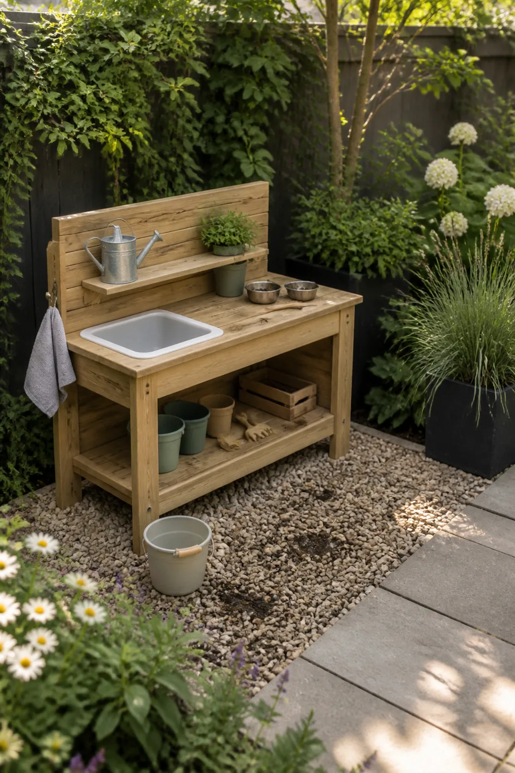 Tidy backyard mud kitchen and water play station with natural containers and shaded garden border