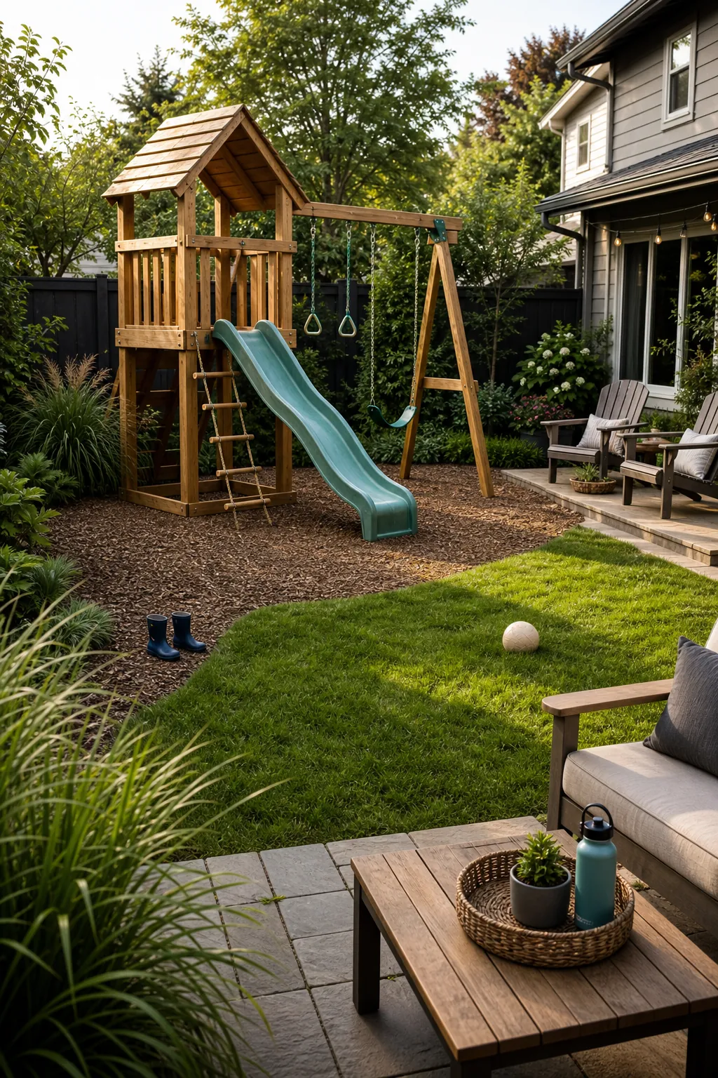 Compact cedar backyard playset with safe mulch surfacing and clear sightline from patio seating