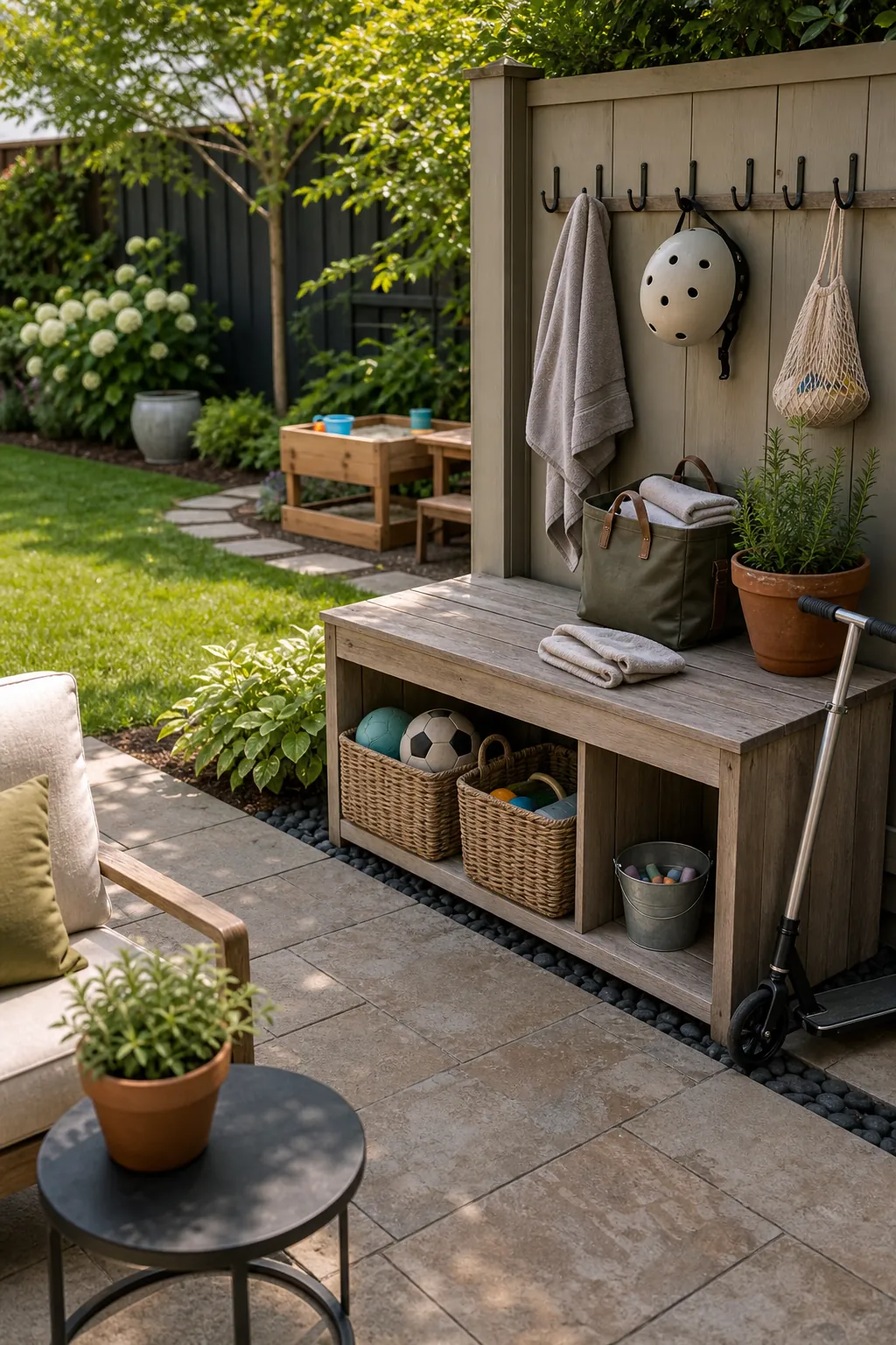 Outdoor toy storage bench on a patio with baskets, hooks, scooters, and neutral family backyard decor