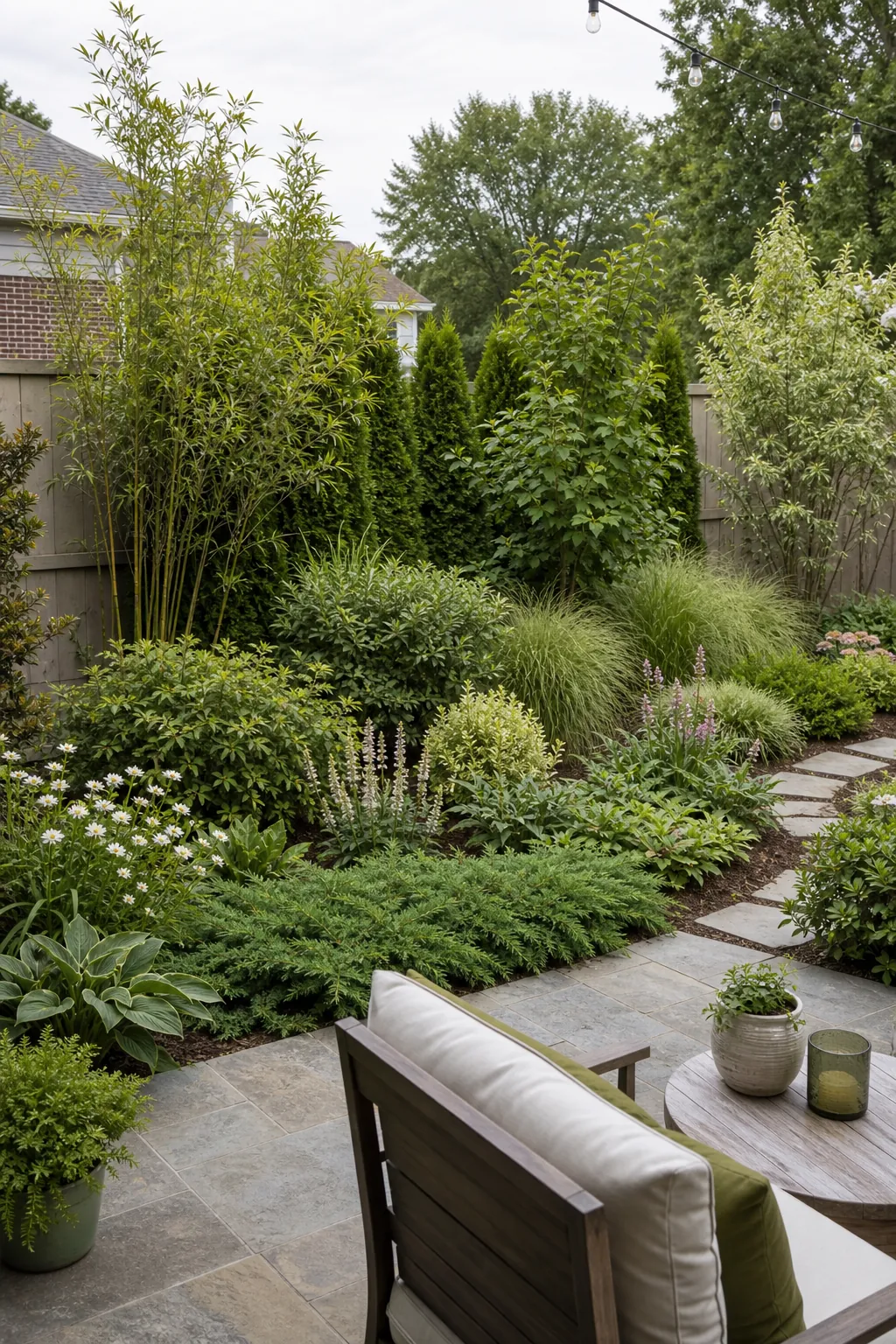 Layered patio border with low, middle, and tall privacy plants around an outdoor seating area