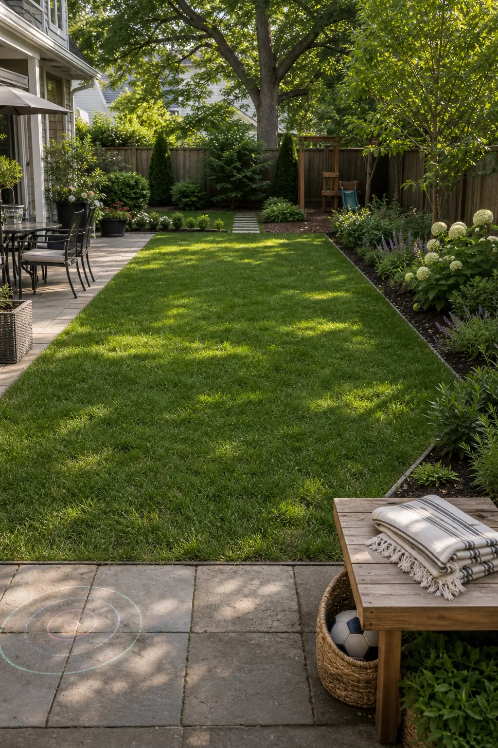 Open lawn reset zone for kids outdoor play beside a tidy patio and planted family backyard