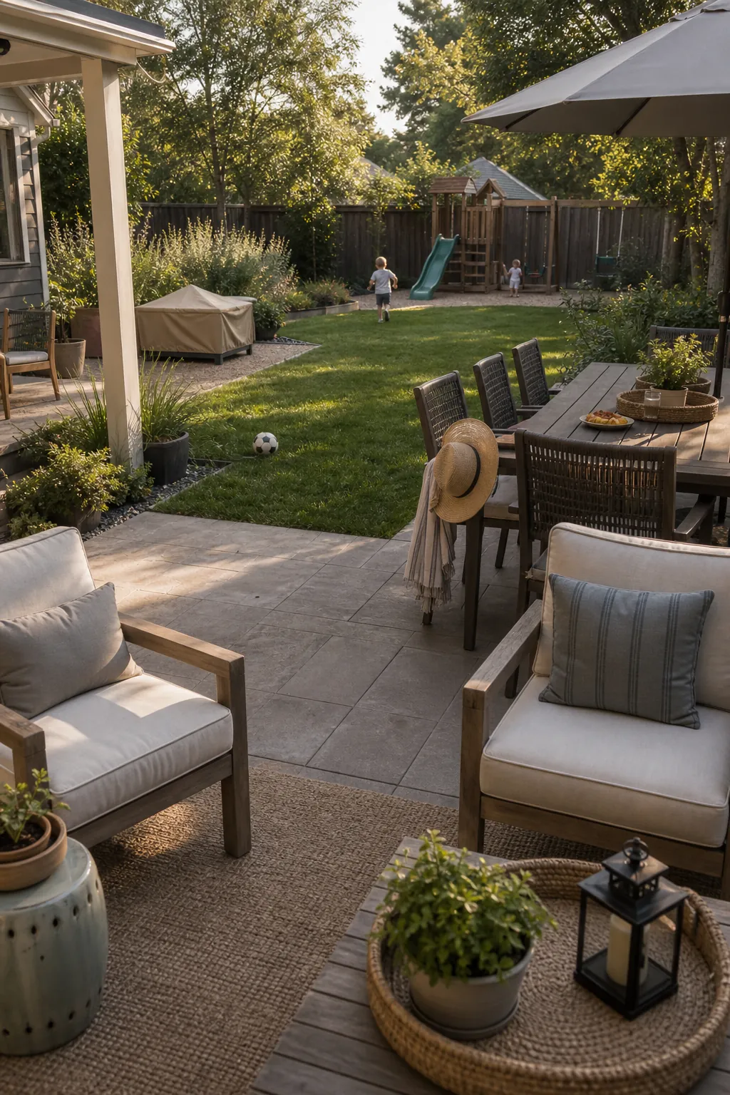Outdoor seating and dining area with clear view of kids backyard play zones and relaxed patio decor