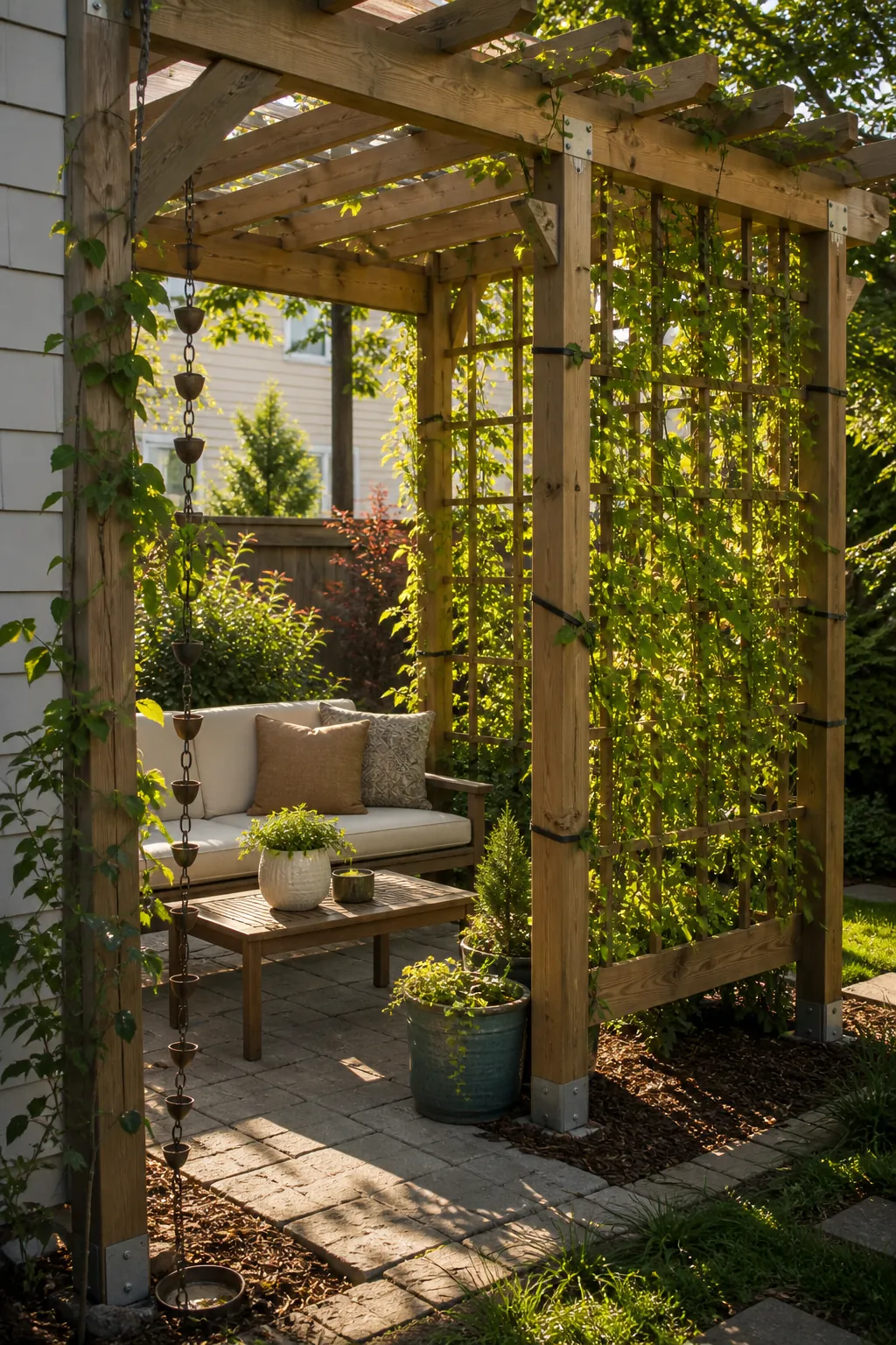 Pergola and trellis adding soft privacy with climbing plants over a patio seating area