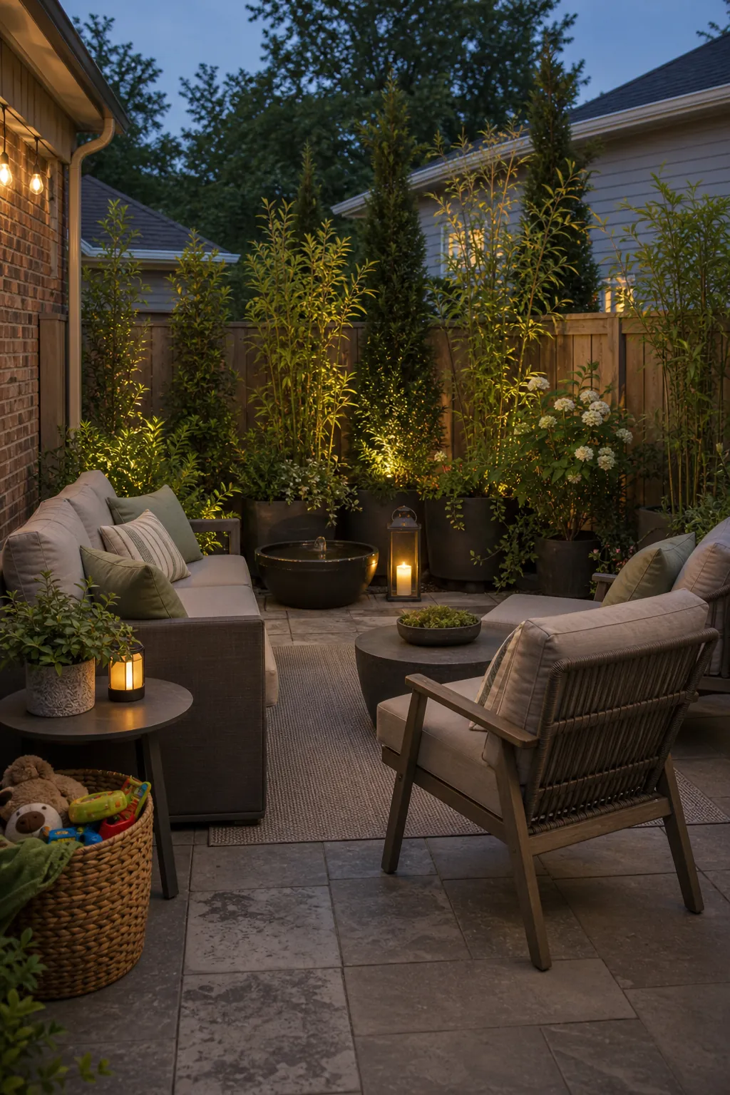 Private corner patio seating layout with angled chairs, plants, and clear walking space