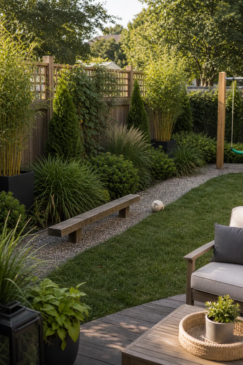 Soft privacy planting around a kids backyard play border with grasses, shrubs, and clear supervision sightlines