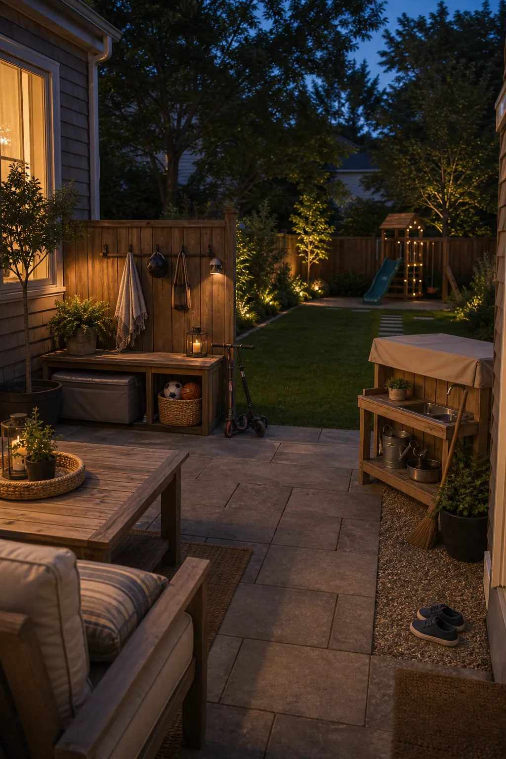 Evening family backyard reset with tidy toy storage, hooks, patio seating, and calm outdoor lighting