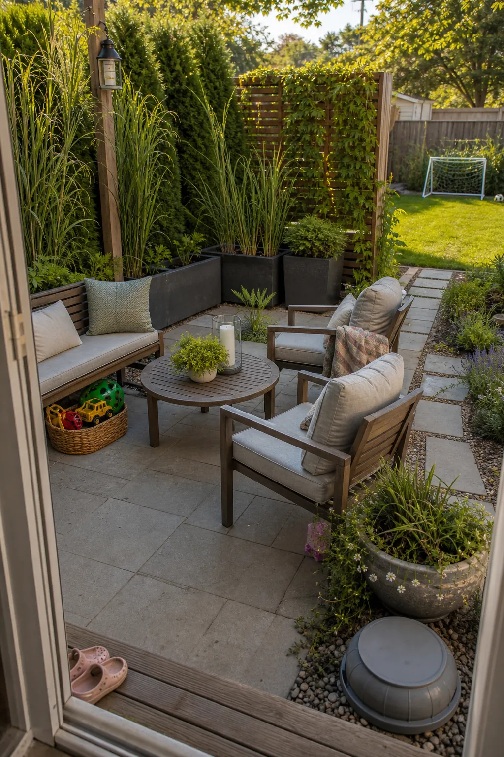 Family-friendly private patio with plants, seating, and a clear path to the yard