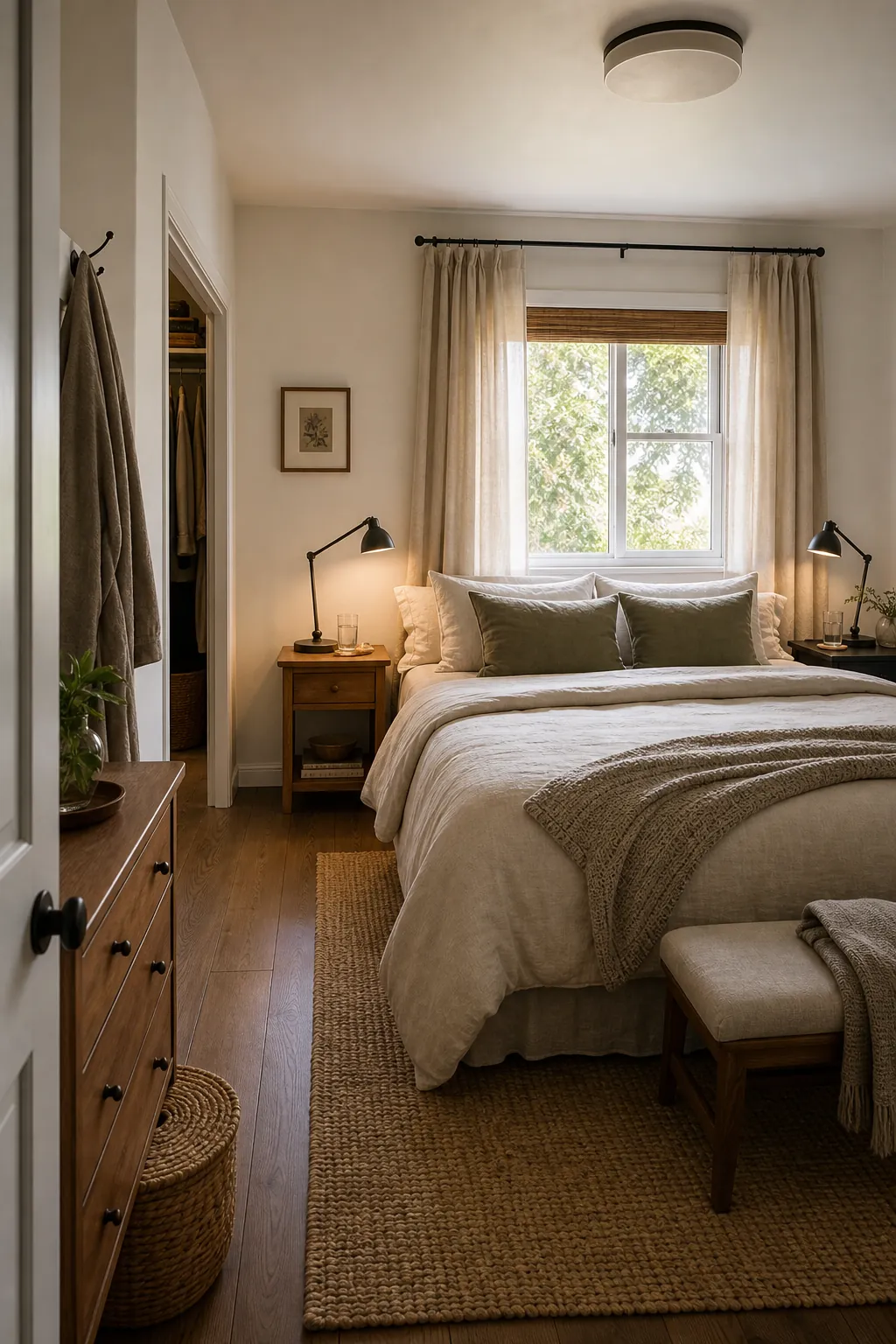Couple bedroom layout with balanced bed placement and clear walking flow