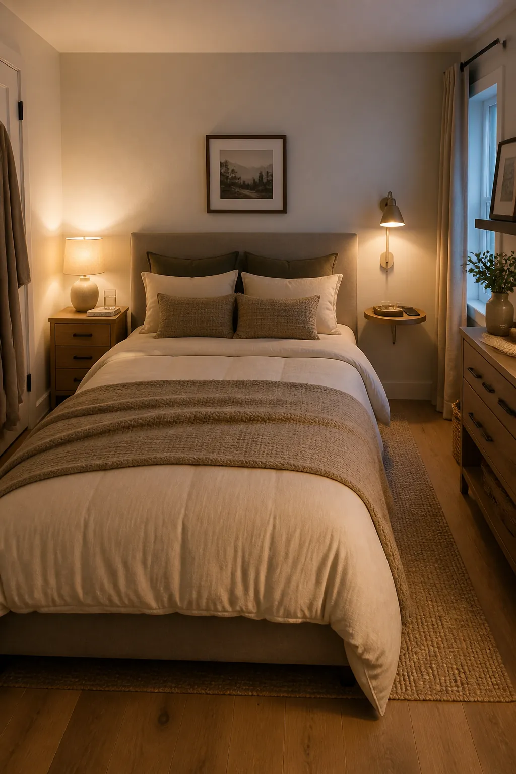 Shared bedroom with slim nightstands and balanced bedside access