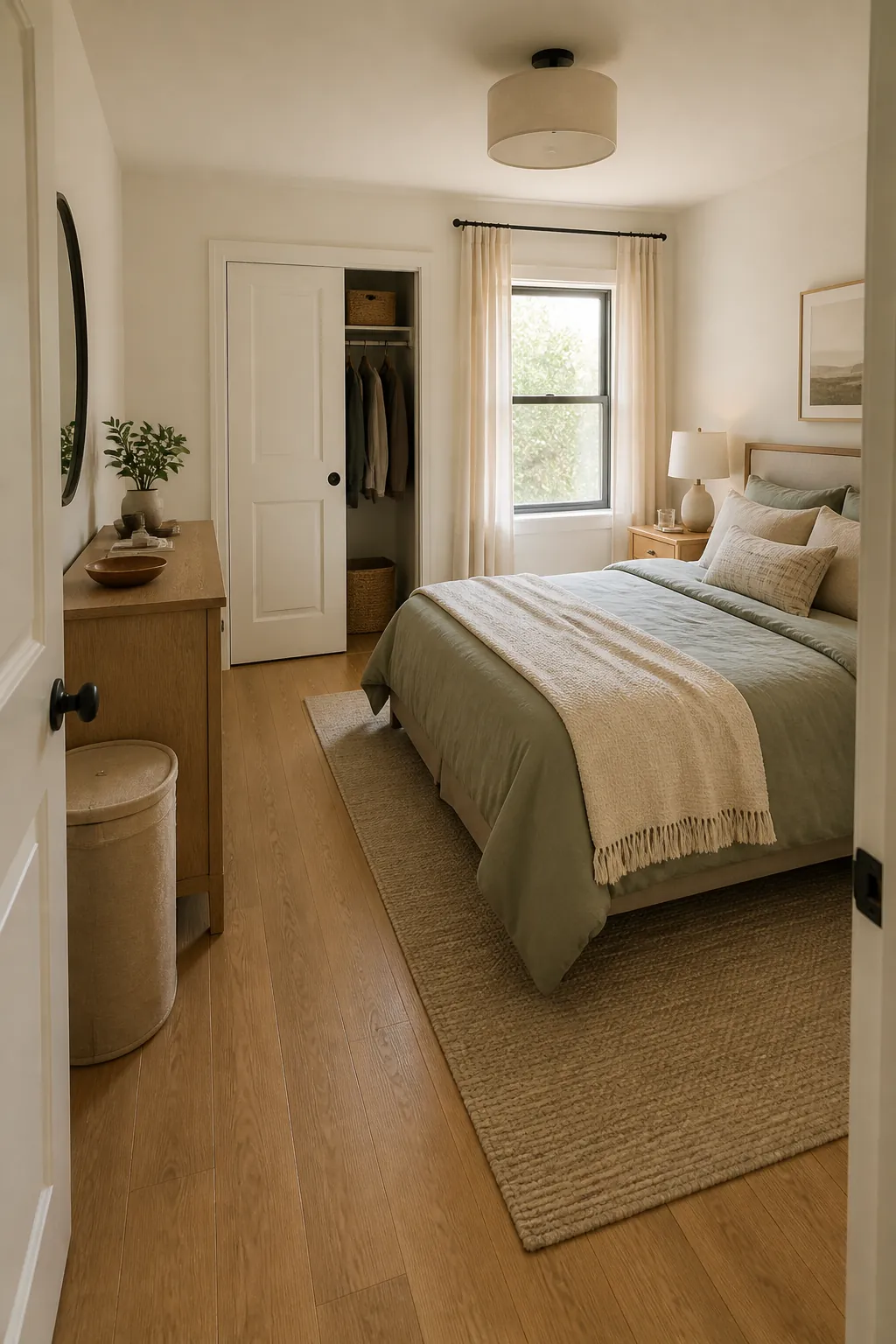 Small bedroom layout with one open walking lane around the bed