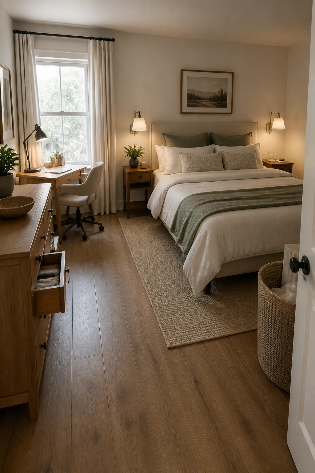 Practical shared bedroom layout with bed, dresser, and desk zones separated
