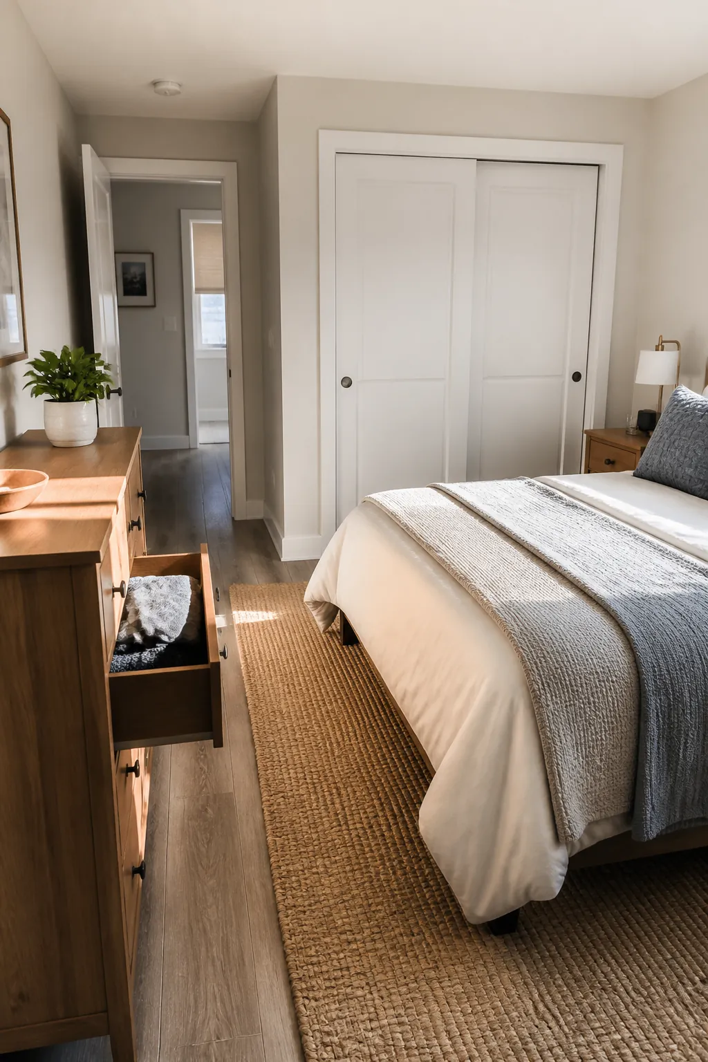 Bedroom layout showing clear closet and drawer access beside the bed