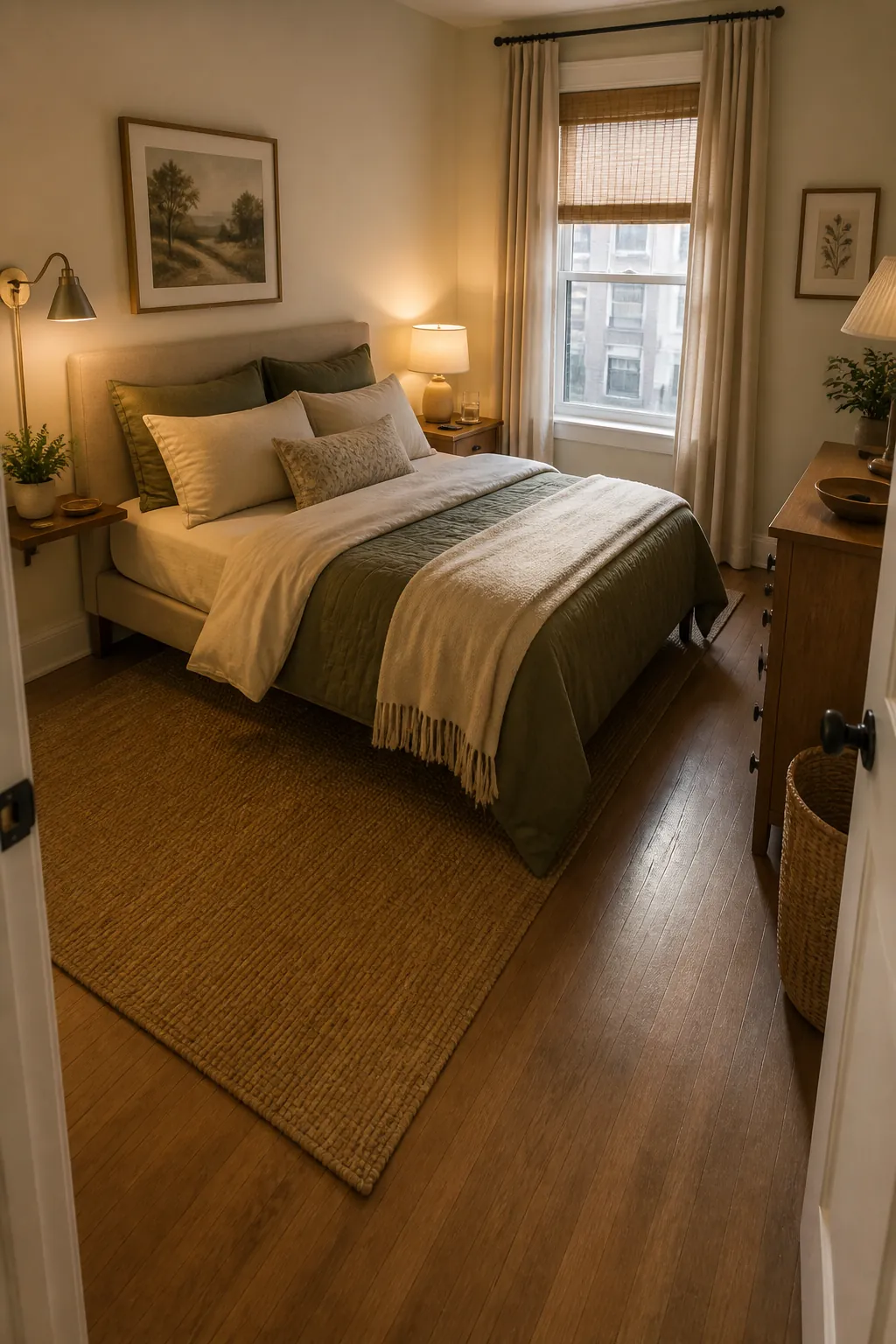 Offset bed placement in a small shared bedroom with intentional styling