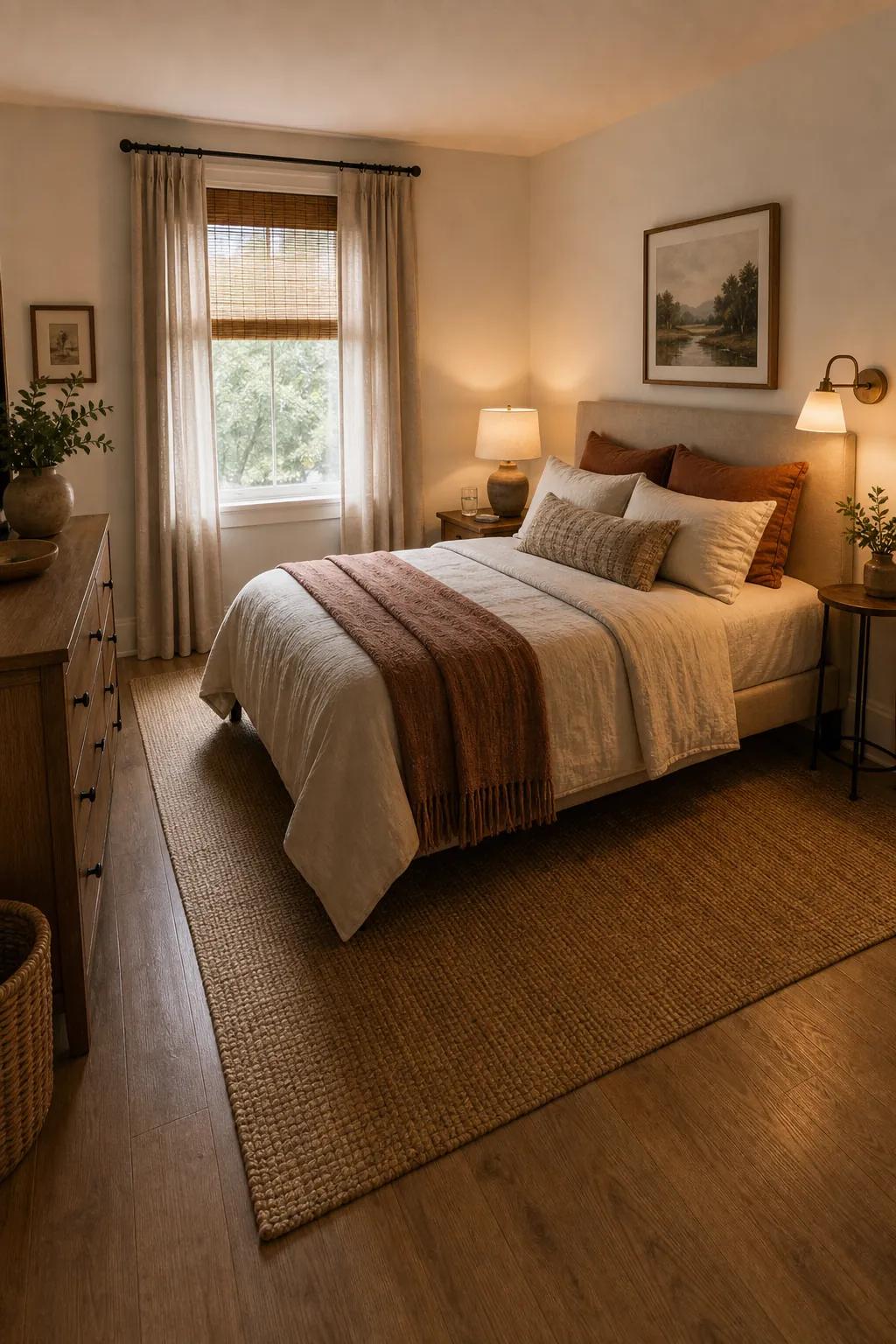 Asymmetric couple bedroom styled with rug and lighting for better flow