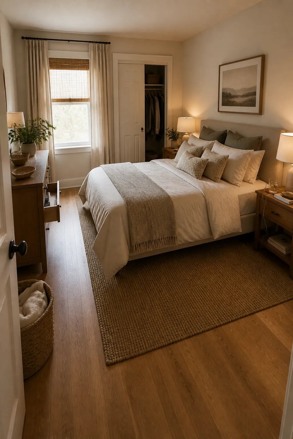 Couple bedroom final layout with open paths and practical furniture placement