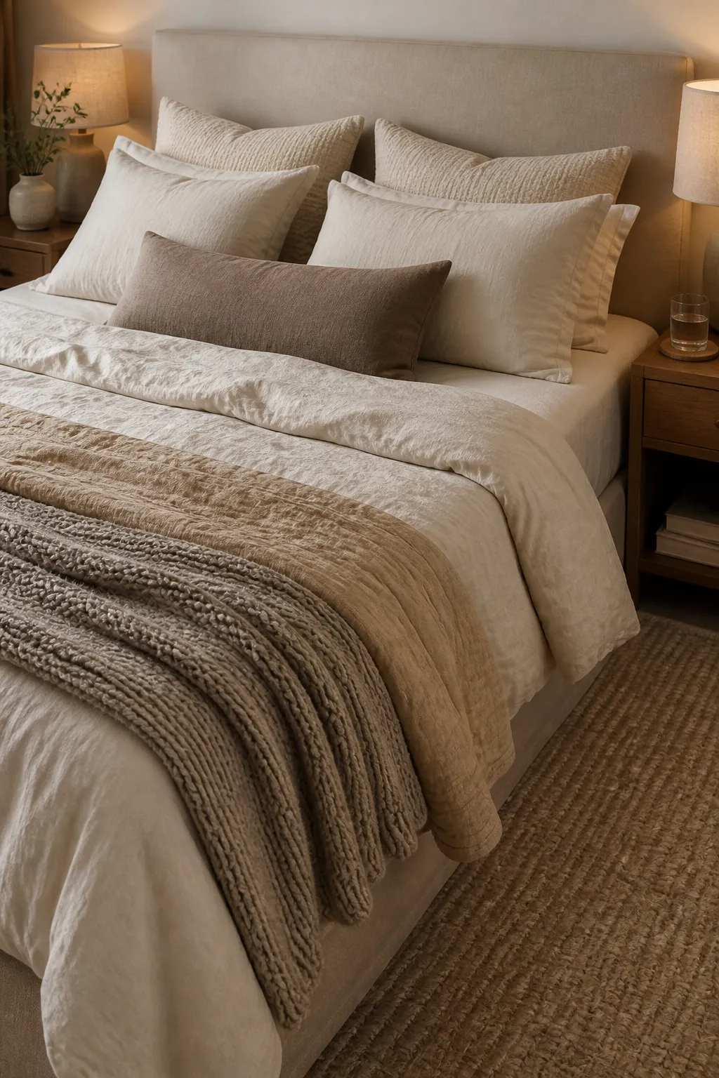 Layered linen bedding with warm textures in a modern couple bedroom