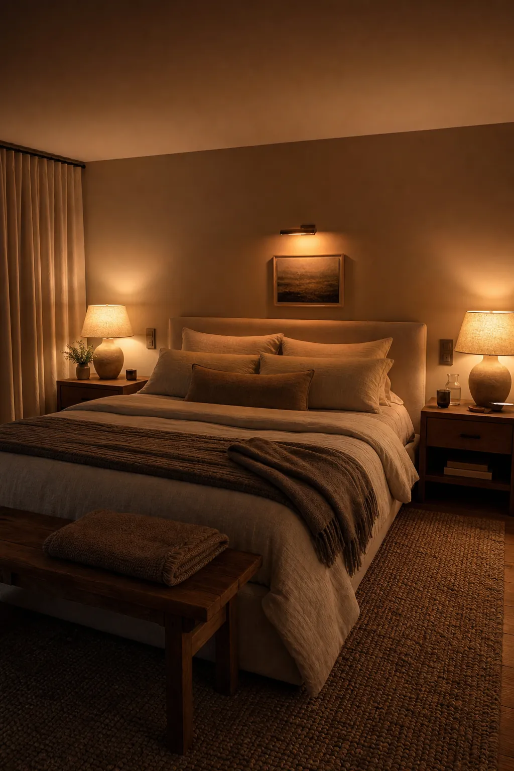 Modern couple bedroom with low soft bedside lighting and warm textures