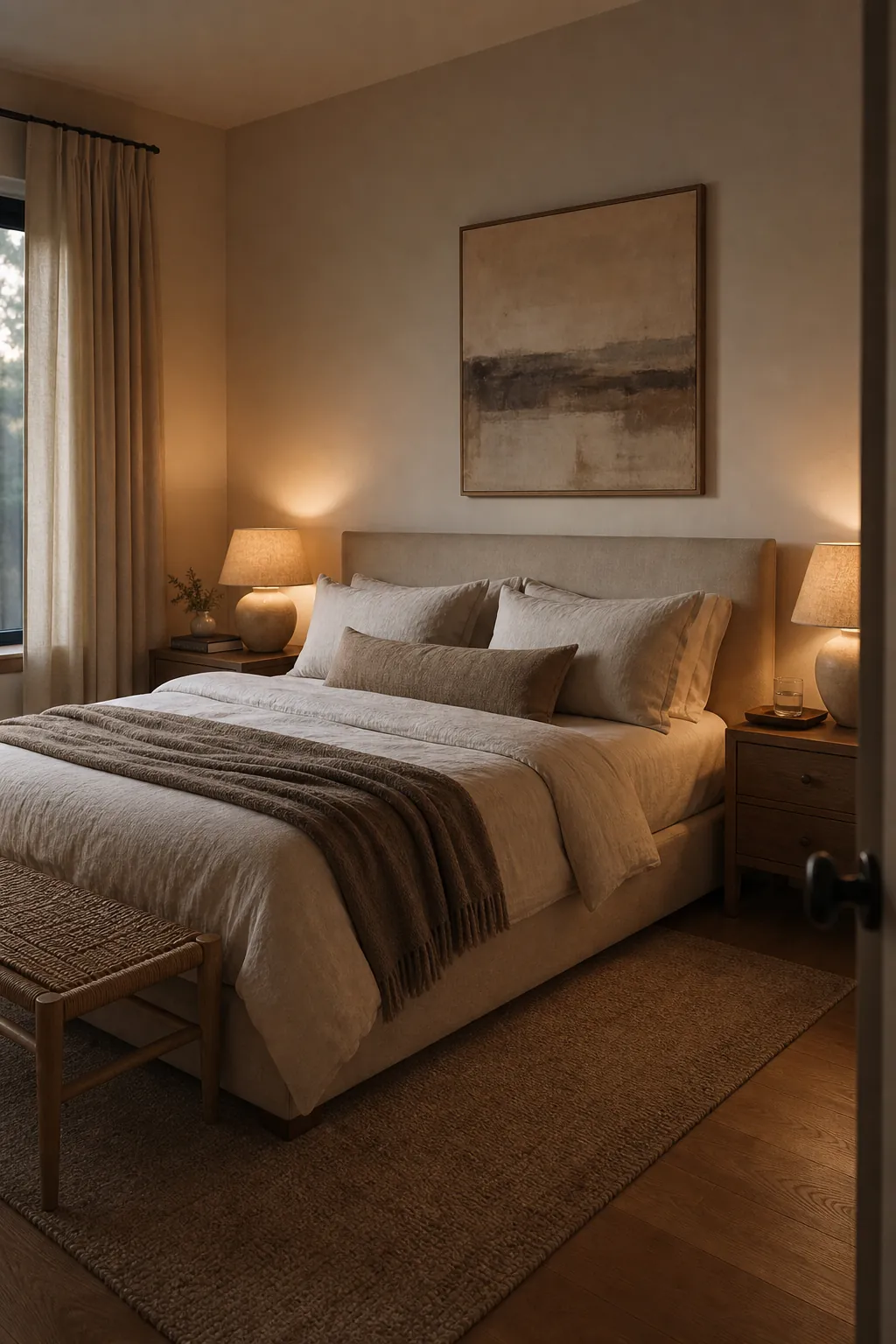 Modern couple bedroom with warm textures and soft neutral styling
