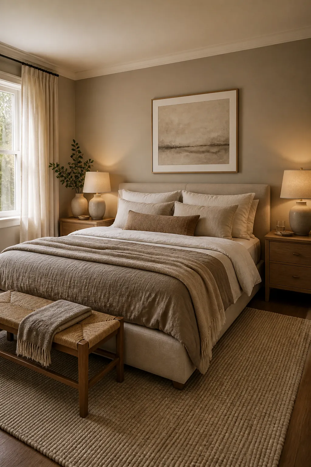Warm neutral modern couple bedroom with layered textures