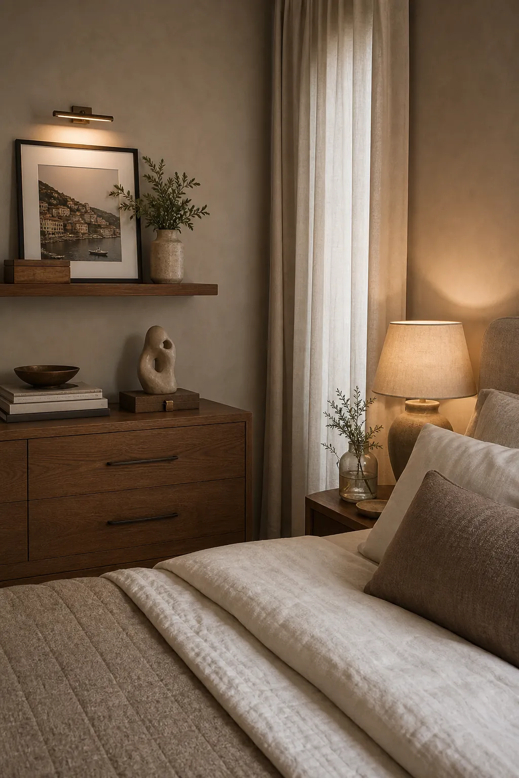 Sentimental decor displayed in a calm modern couple bedroom corner