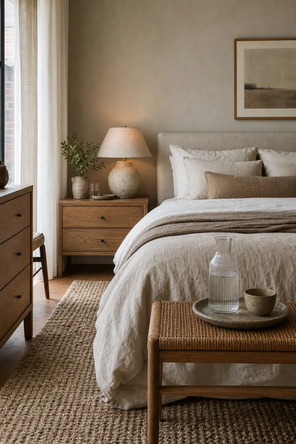 Wood woven and ceramic textures warming a modern couple bedroom