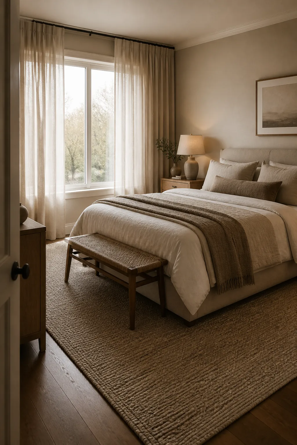Modern couple bedroom grounded by a textured rug and soft curtain layer