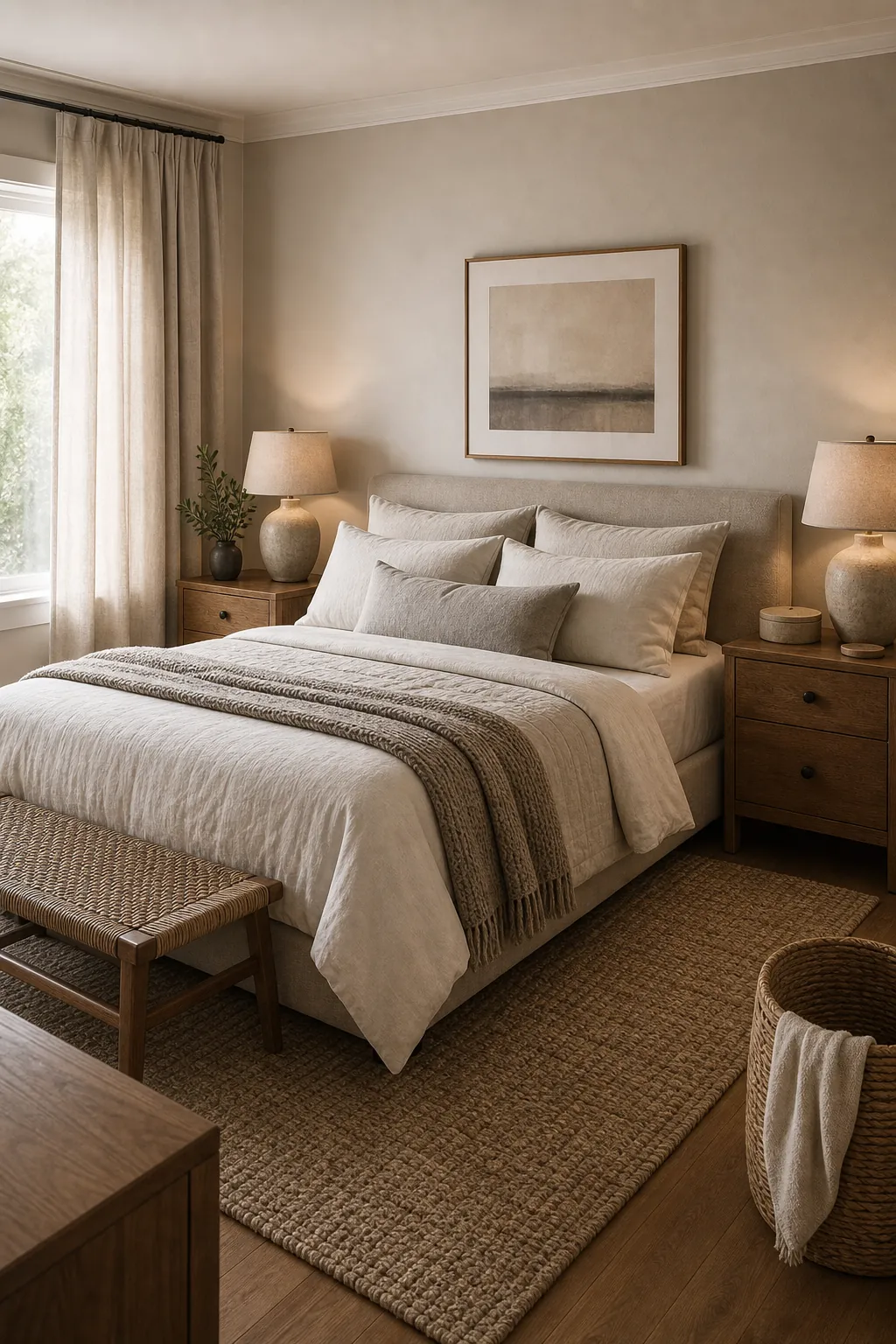 Calm clutter free modern couple bedroom with warm textures