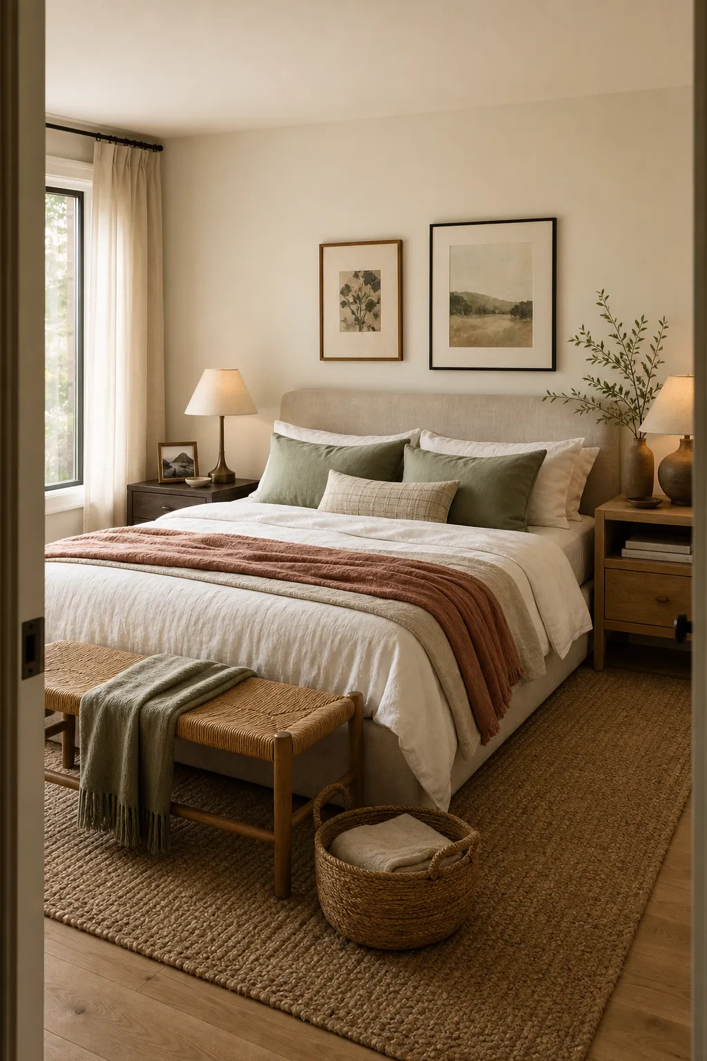 Personal couple bedroom with layered bedding, warm lighting, balanced nightstands, and meaningful wall art