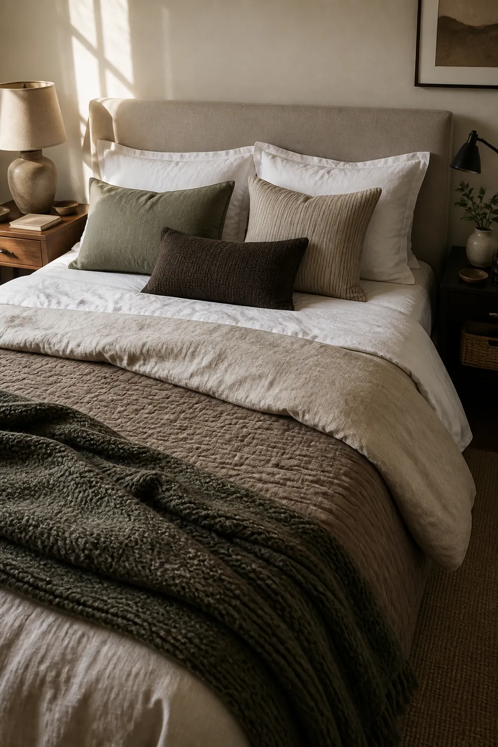 Layered bedding in a cozy couple bedroom with shared warm textures