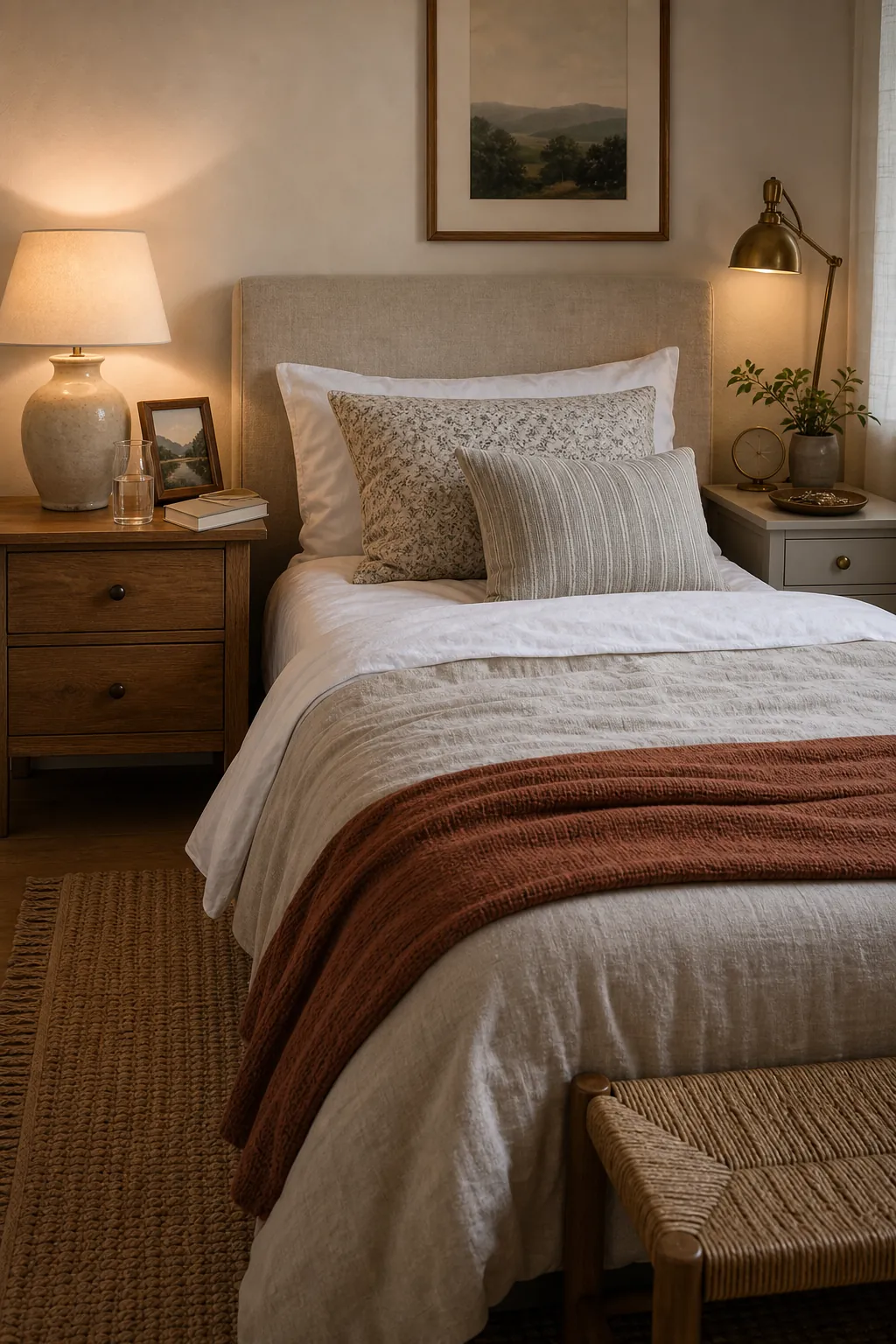 Balanced couple nightstands with personal decor, lamps, books, and shared bedroom styling