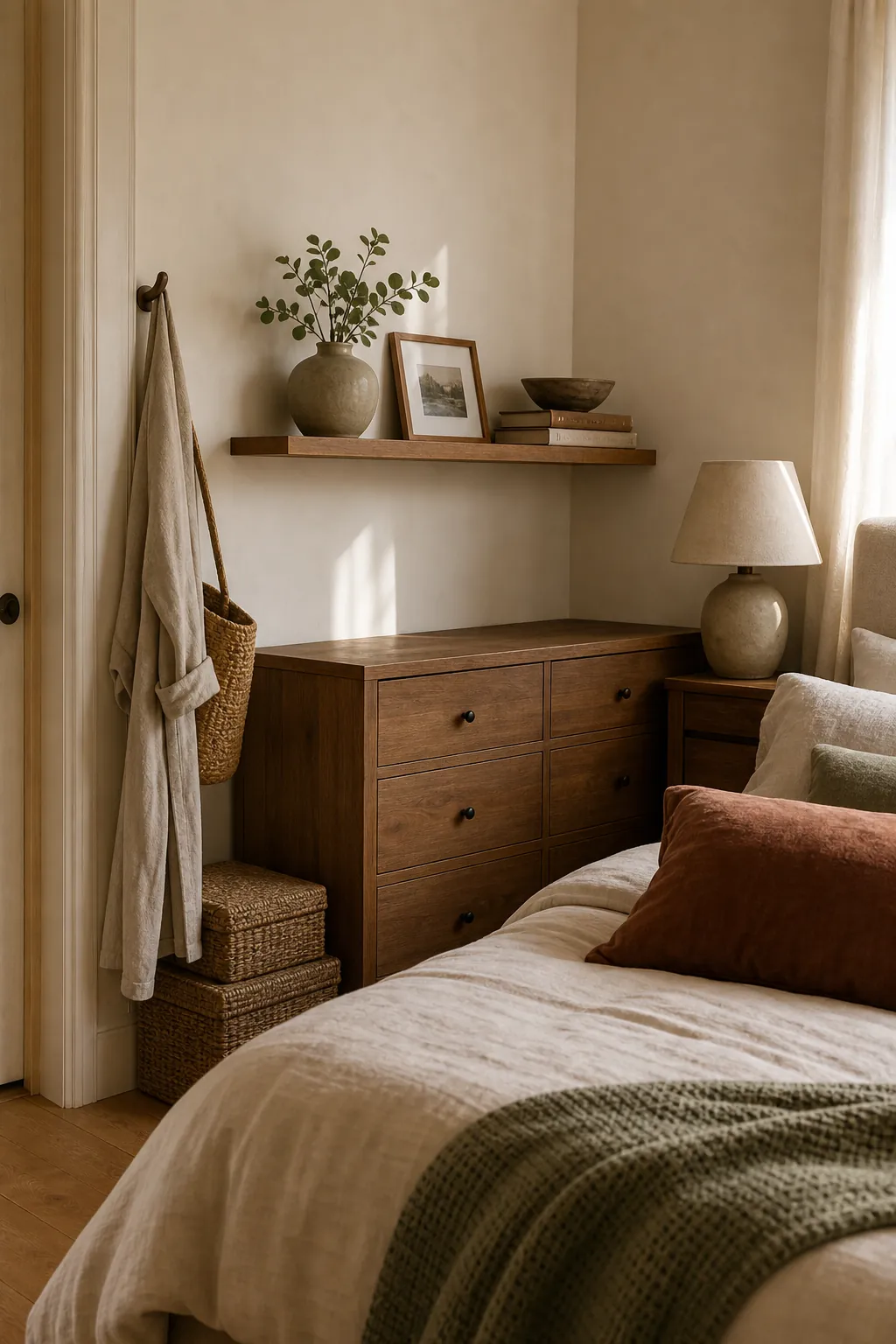 Personal bedroom shelf with hidden storage, books, ceramics, and shared decor