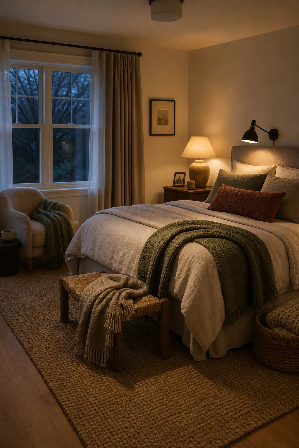 Cozy couple bedroom with soft lighting, textured rug, and personal bedside details
