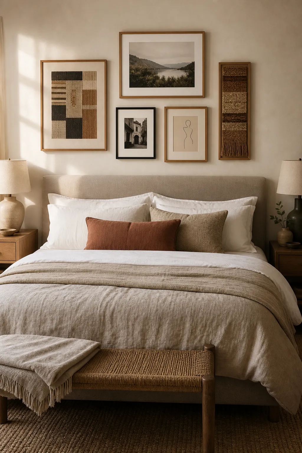Personal wall art over a couple bedroom bed with calm shared bedroom decor