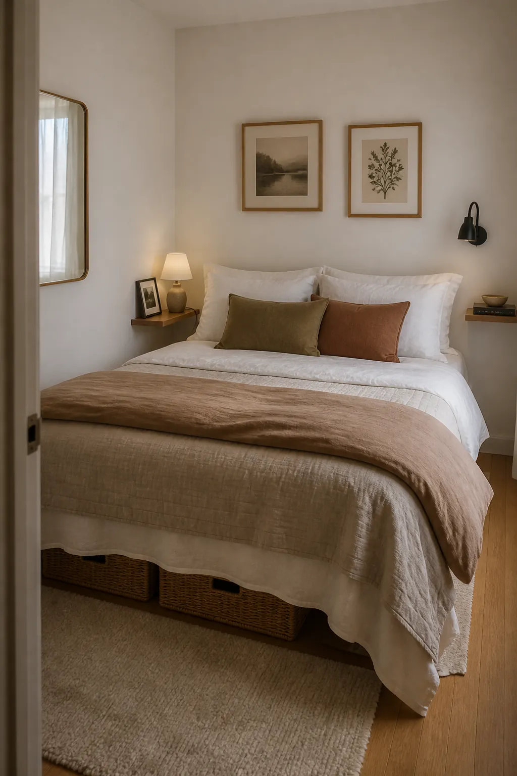 Small shared bedroom with personal zones on each side of the bed