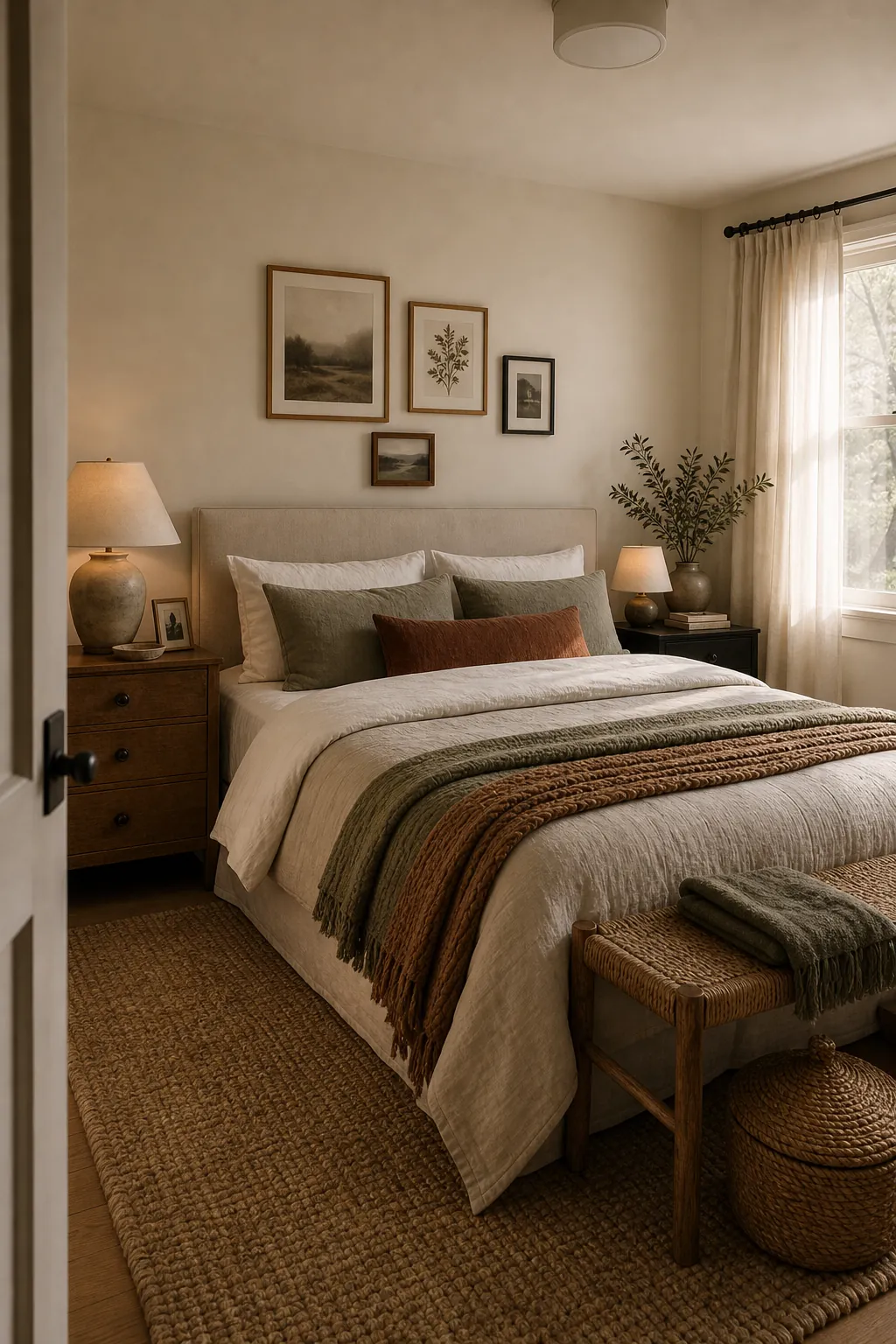 Finished personal couple bedroom with shared style, warm textures, and uncluttered decor