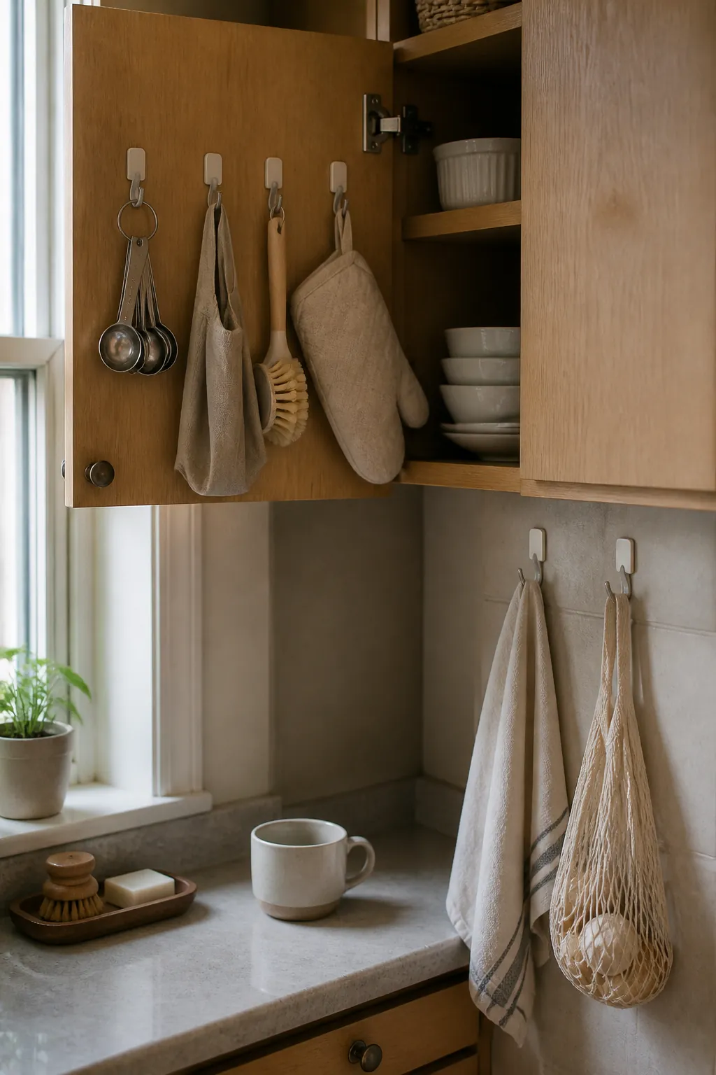 Renter friendly kitchen hooks inside a cabinet door for light everyday items