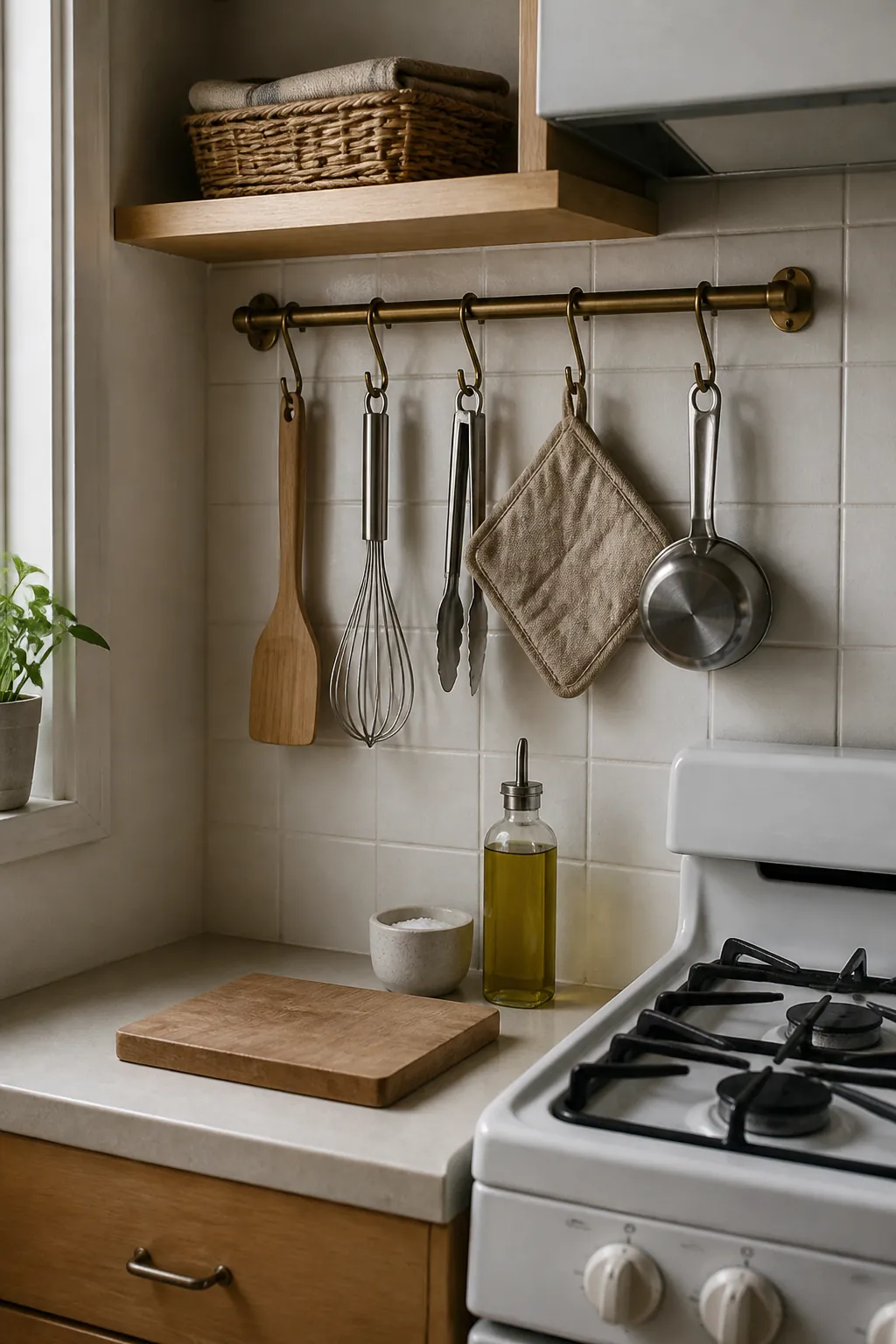 Compact cooking zone with a short kitchen rail and neatly spaced hooks