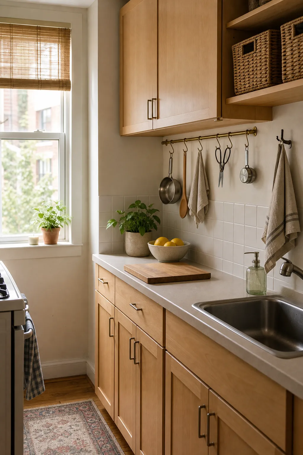 Small kitchen ideas with hooks rails and baskets in a calm compact apartment kitchen