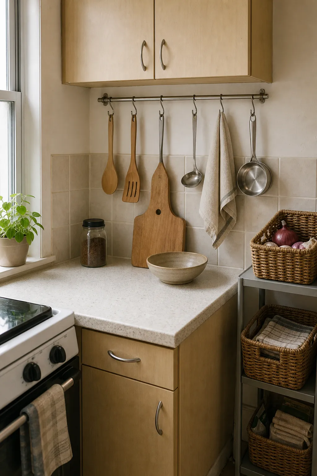 Small kitchen wall rail with hooks and baskets keeping the counter clear