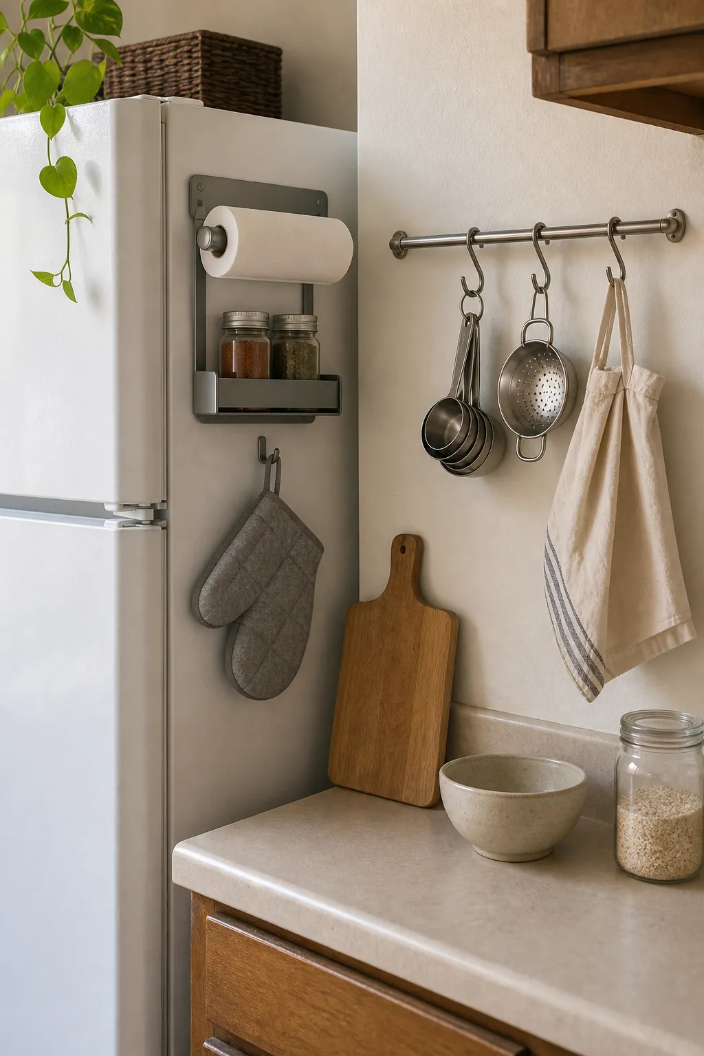Fridge side storage with a magnetic rack and small kitchen rail in a compact kitchen