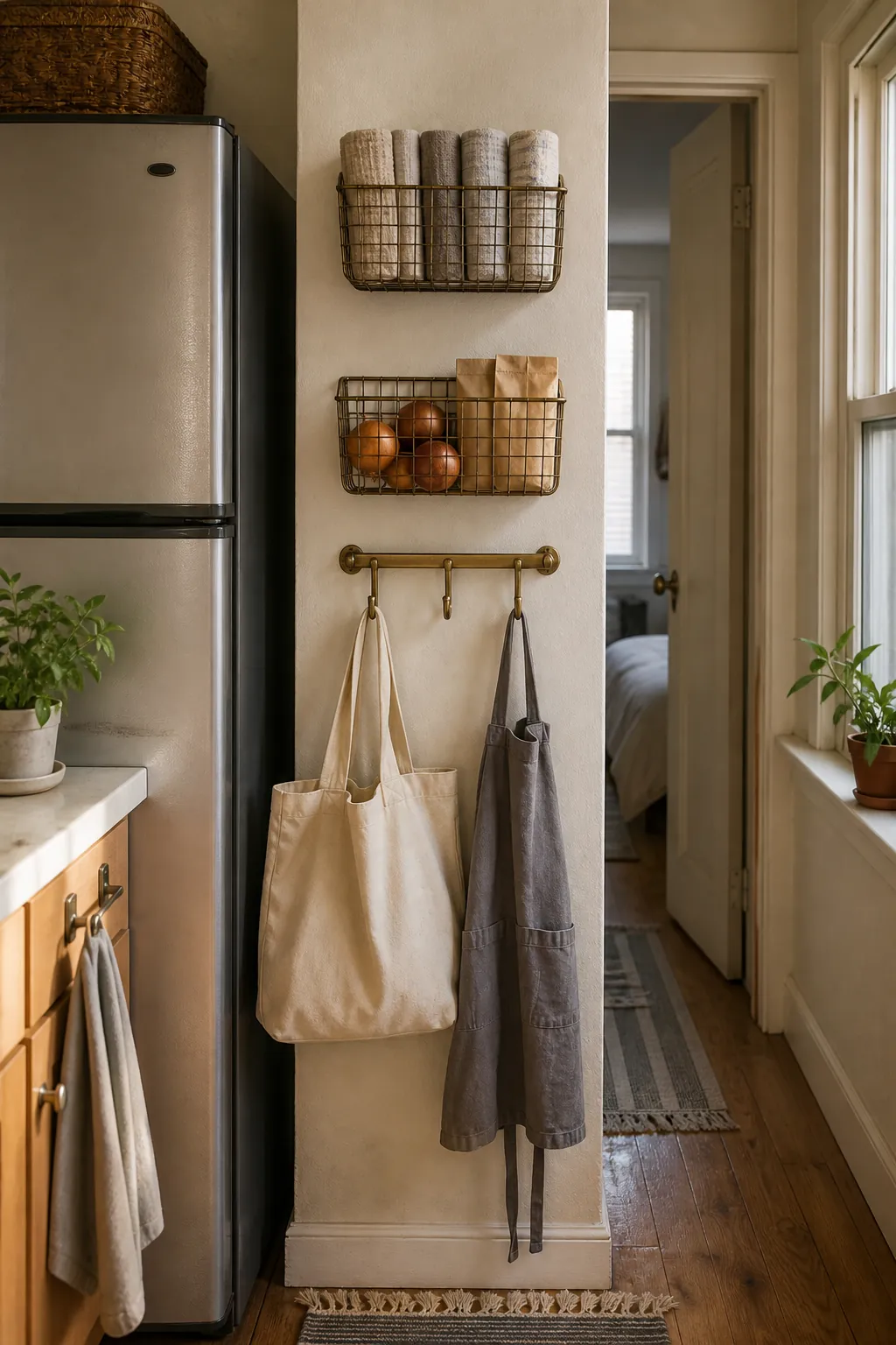 Narrow kitchen wall with shallow baskets and hooks for compact storage