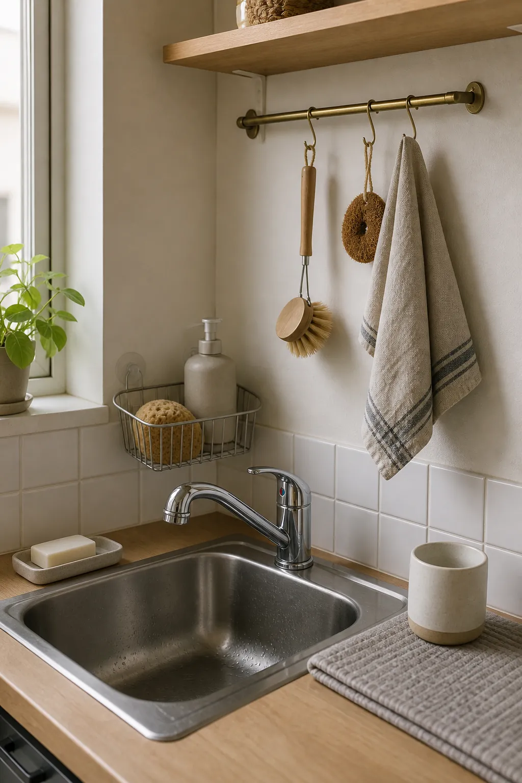 Small kitchen sink rail with hooks and a compact caddy for drying tools