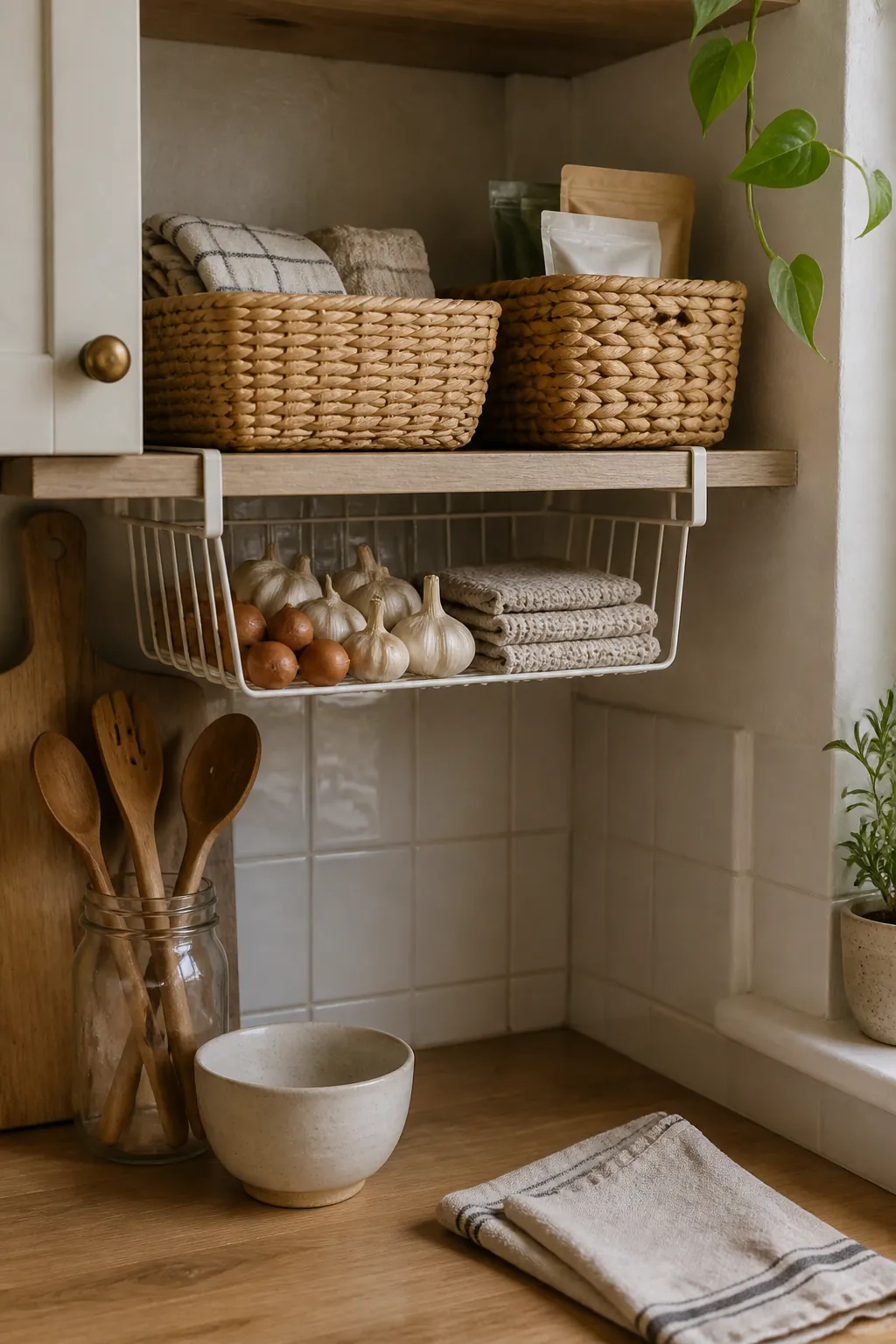Small kitchen basket storage with woven baskets and an under shelf basket