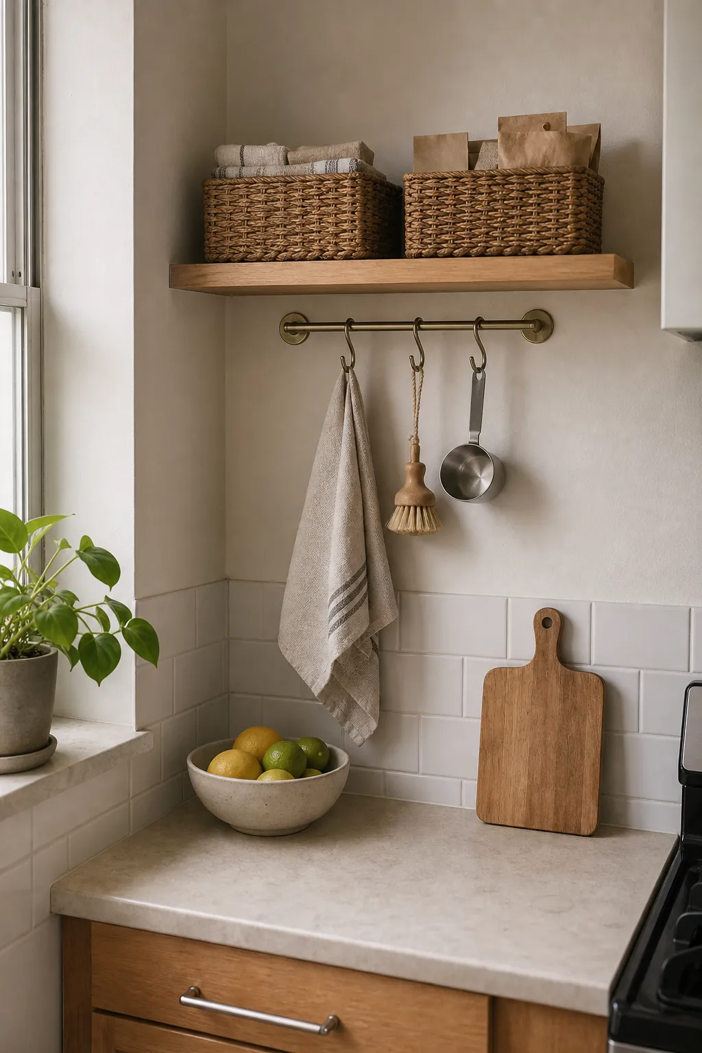 Calm visible kitchen storage with matching baskets hooks and blank wall space
