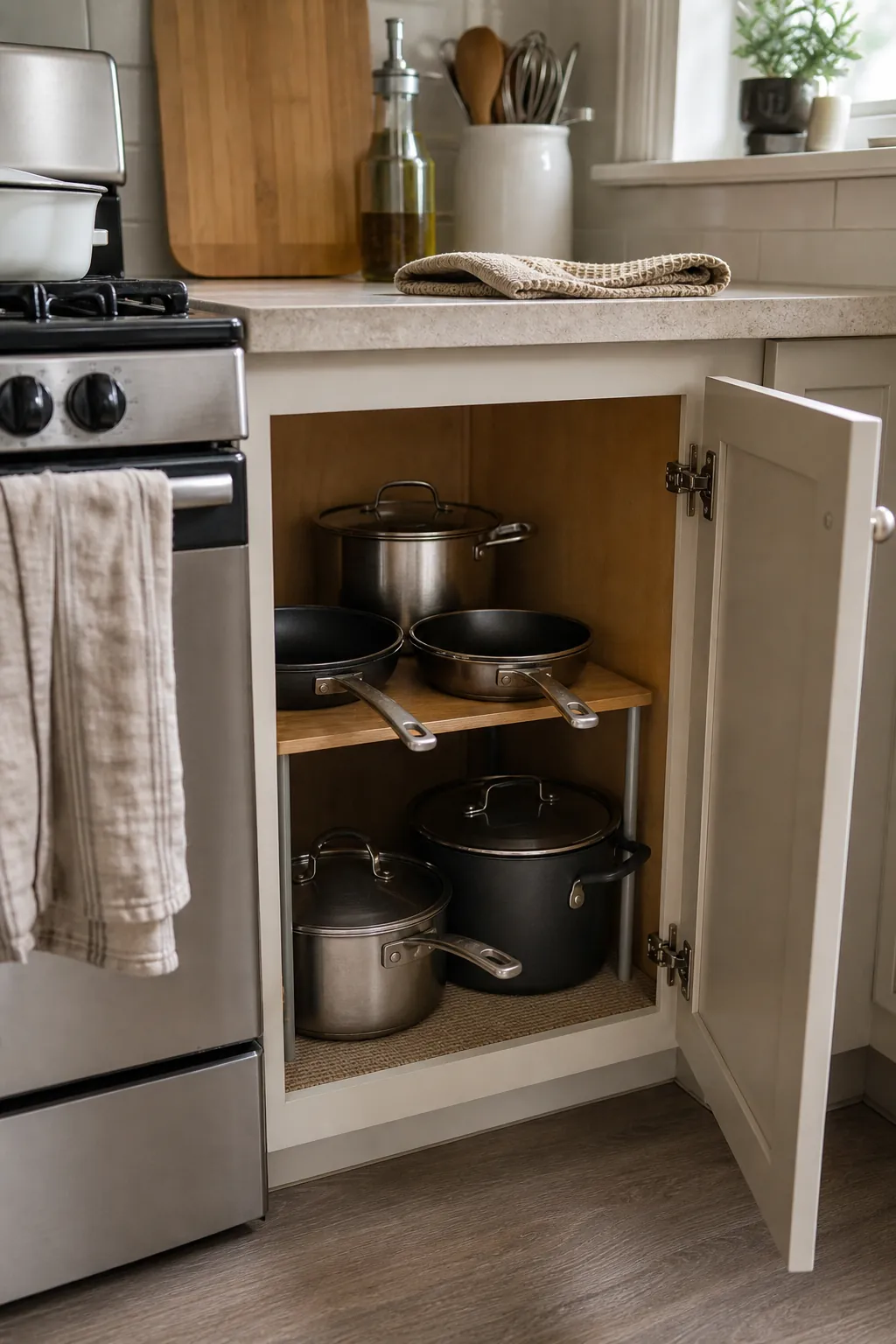 Lower kitchen cabinet organized as a cooktop zone with frequent pans in front