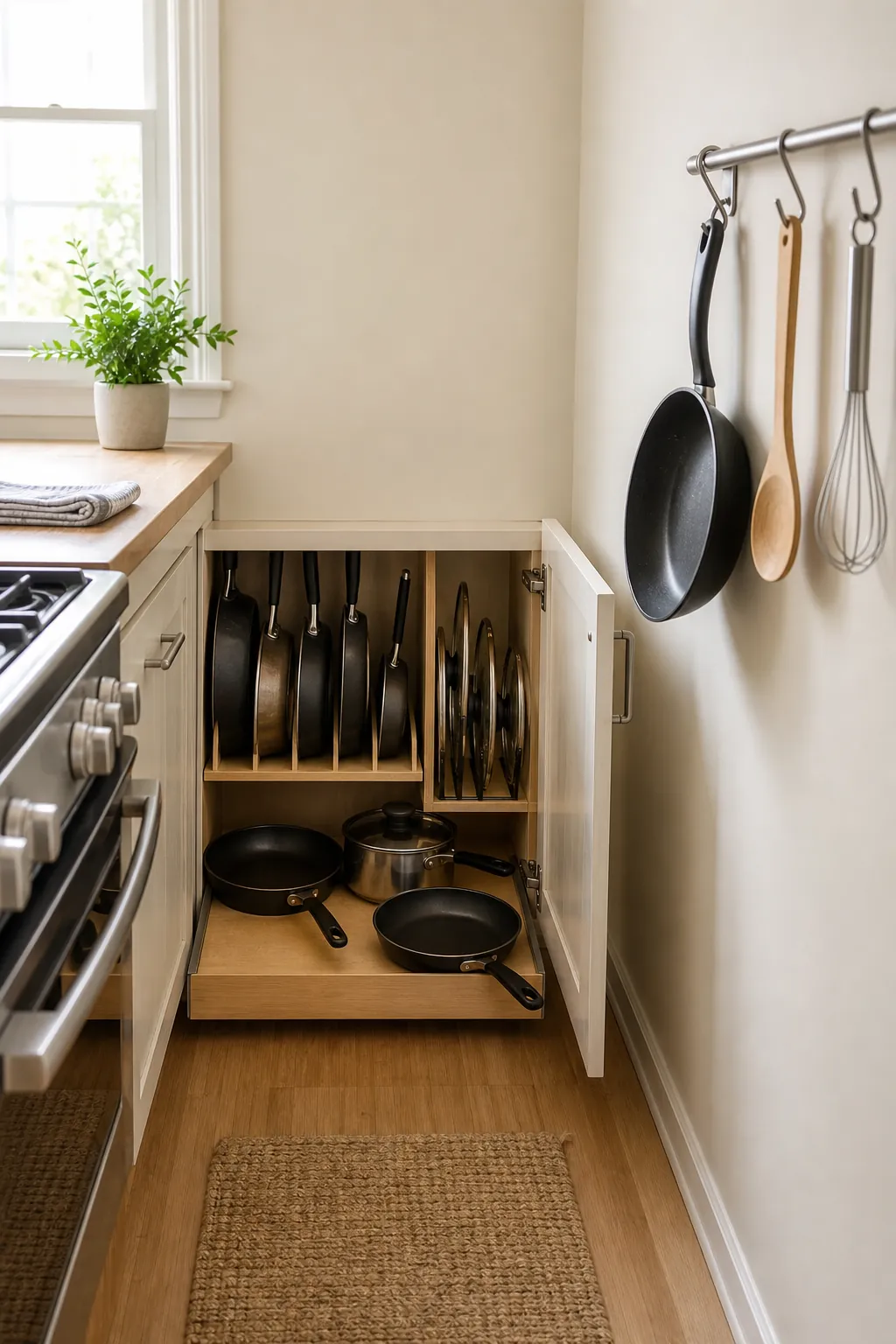 Organized pots and pans storage in a small kitchen with cabinet and wall rack ideas