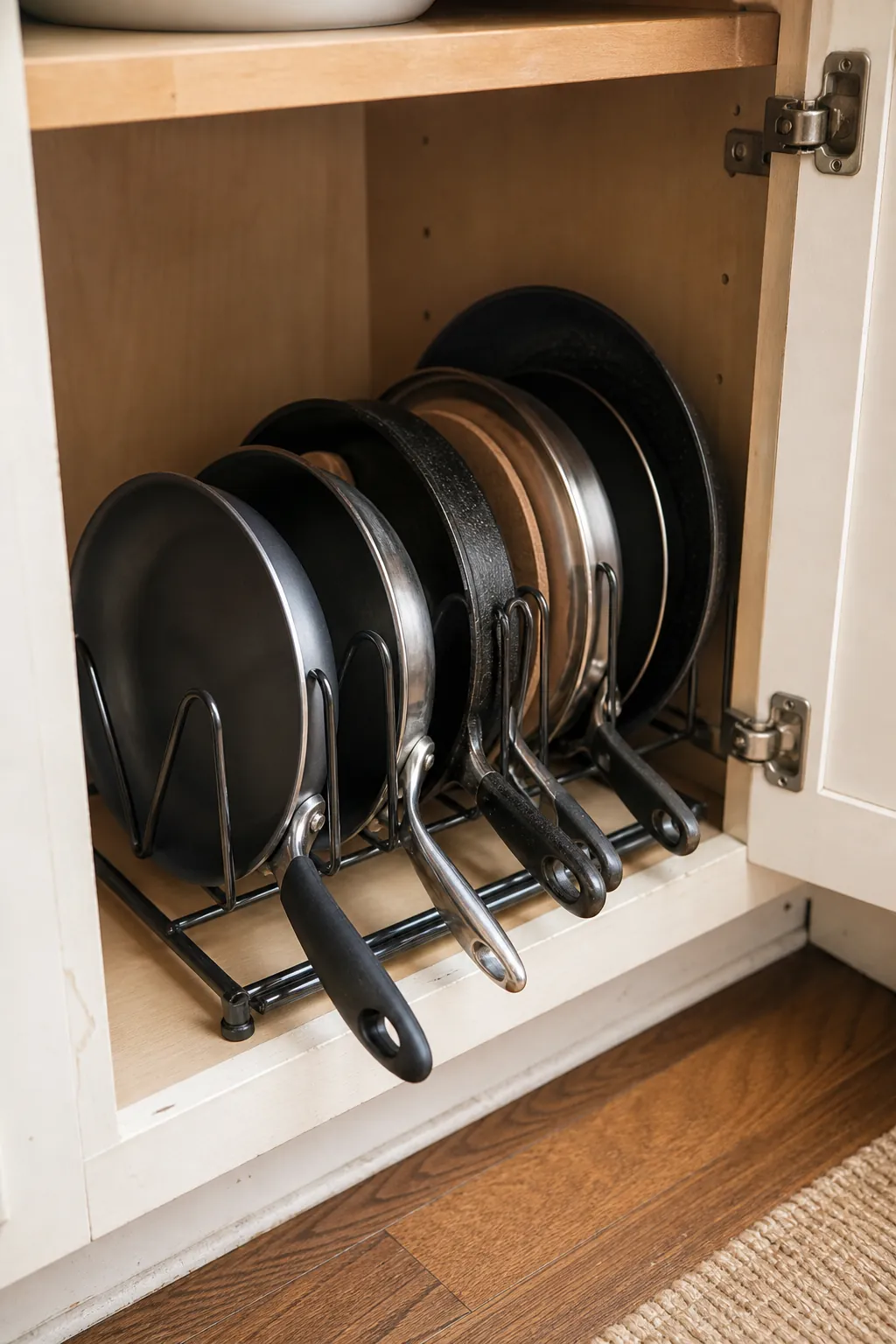Vertical pan storage rack inside a small kitchen cabinet